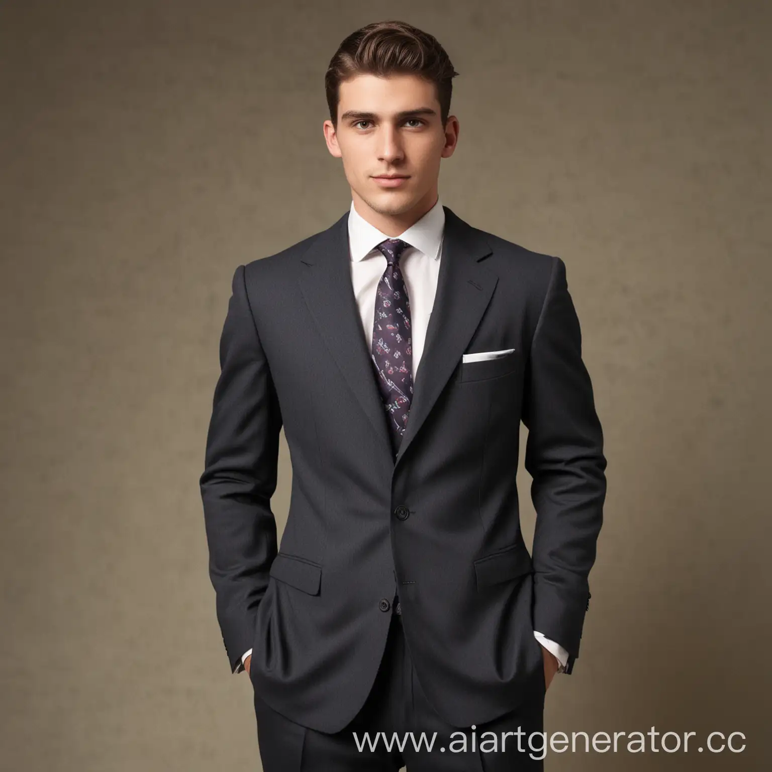 Мужчина лет 26 смазливой внешности опрятно одетый в пиджак брюки и галстук