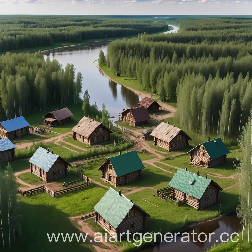 русская деревня, деревянные дома, лес на заднем плане, скотный двор, огороды, река