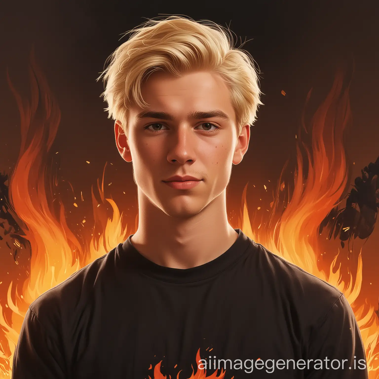 A cartoon of a 22-year-old Caucasian man with blond hair, wearing a black shirt, with a fire background in nature