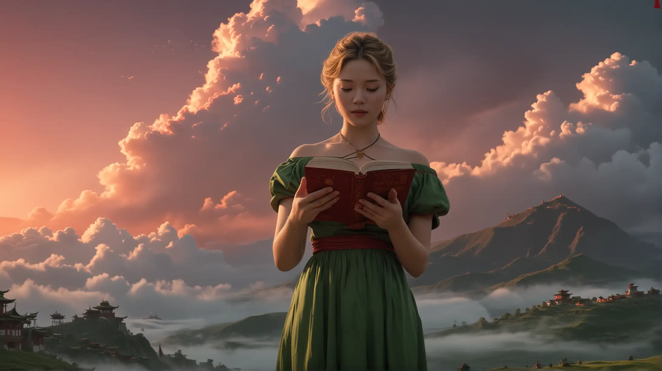 La Seydoux Asian Girl Reading Mantras in Green Dress Amid Tibets Mystical Fog Under Red Sky