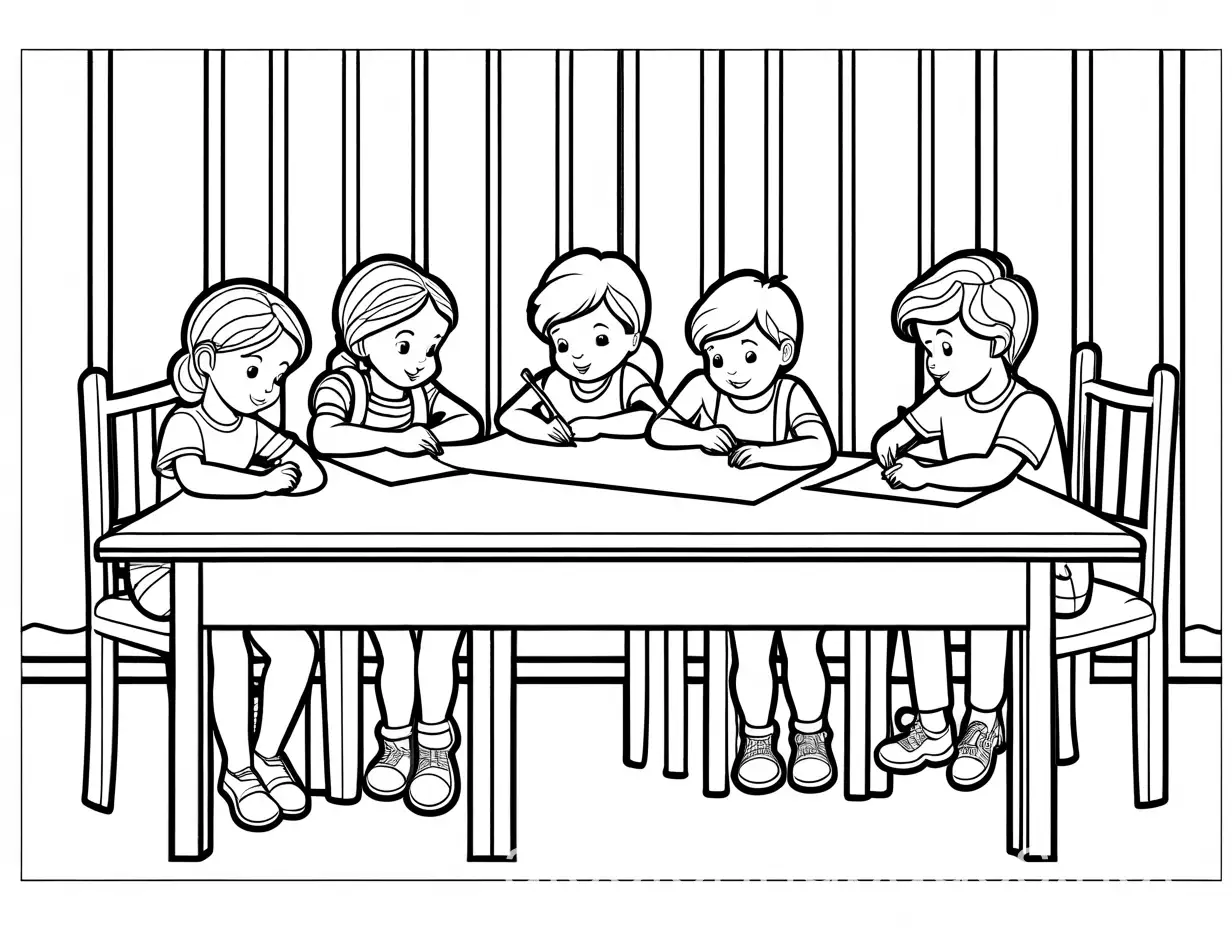 Create illustration of group of children sitting at a table and coloring, Coloring Page, black and white, line art, white background, Simplicity, Ample White Space. The background of the coloring page is plain white to make it easy for young children to color within the lines. The outlines of all the subjects are easy to distinguish, making it simple for kids to color without too much difficulty