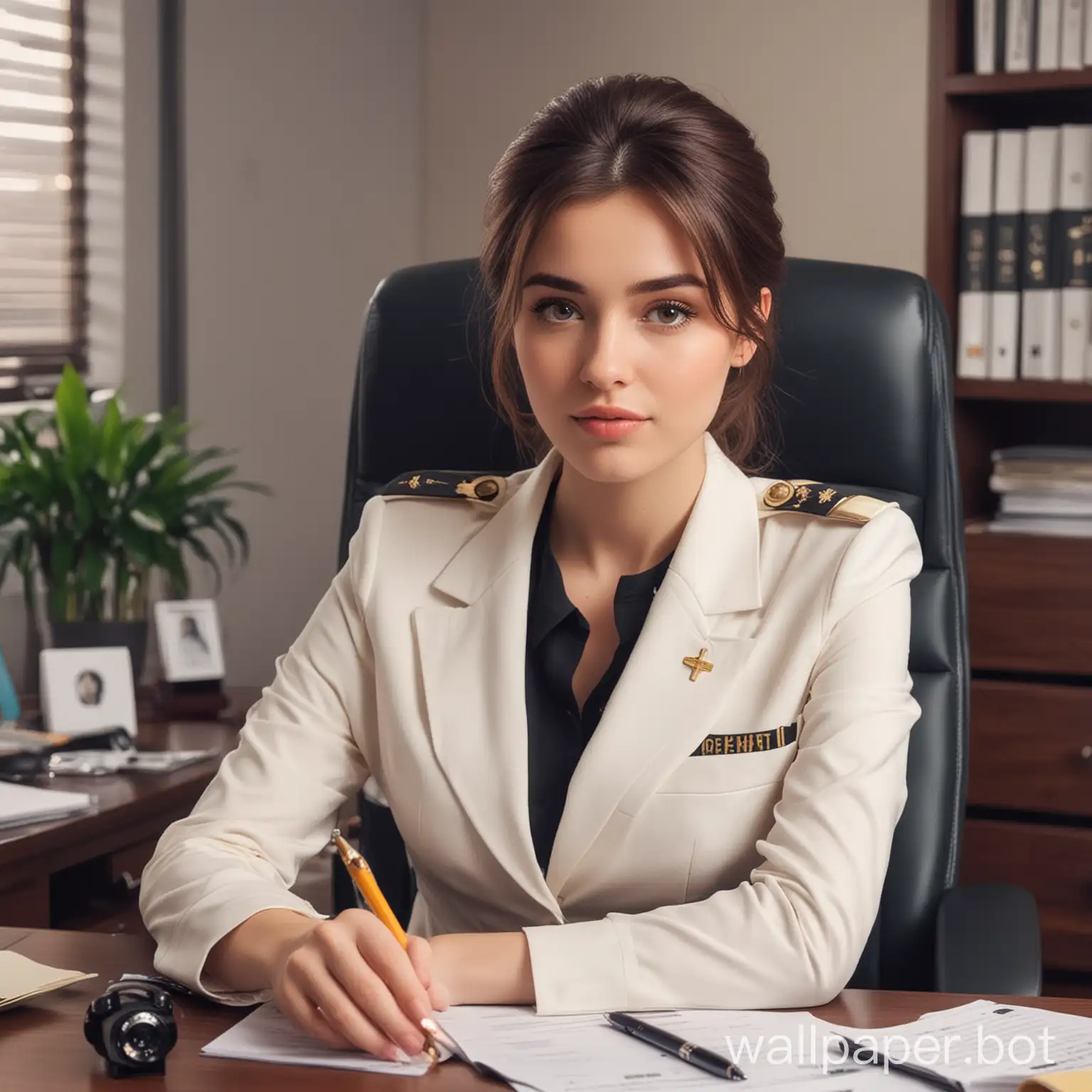 a cute aesthetic girl goverment officer sitting in office as a lady boss