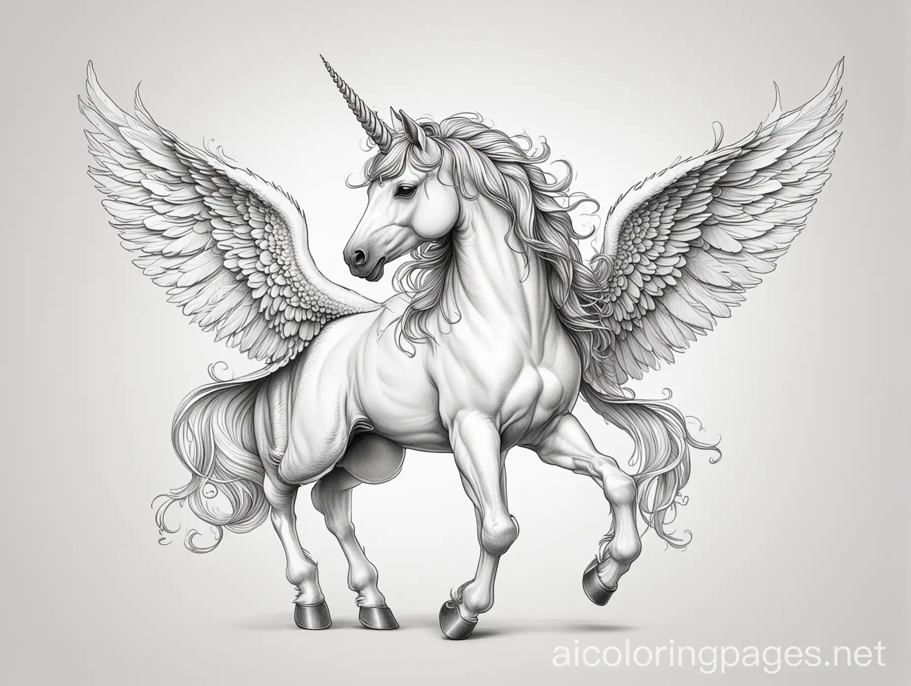 unicorn with wings, Coloring Page, black and white, line art, white background, Simplicity, Ample White Space. The background of the coloring page is plain white to make it easy for young children to color within the lines. The outlines of all the subjects are easy to distinguish, making it simple for kids to color without too much difficulty