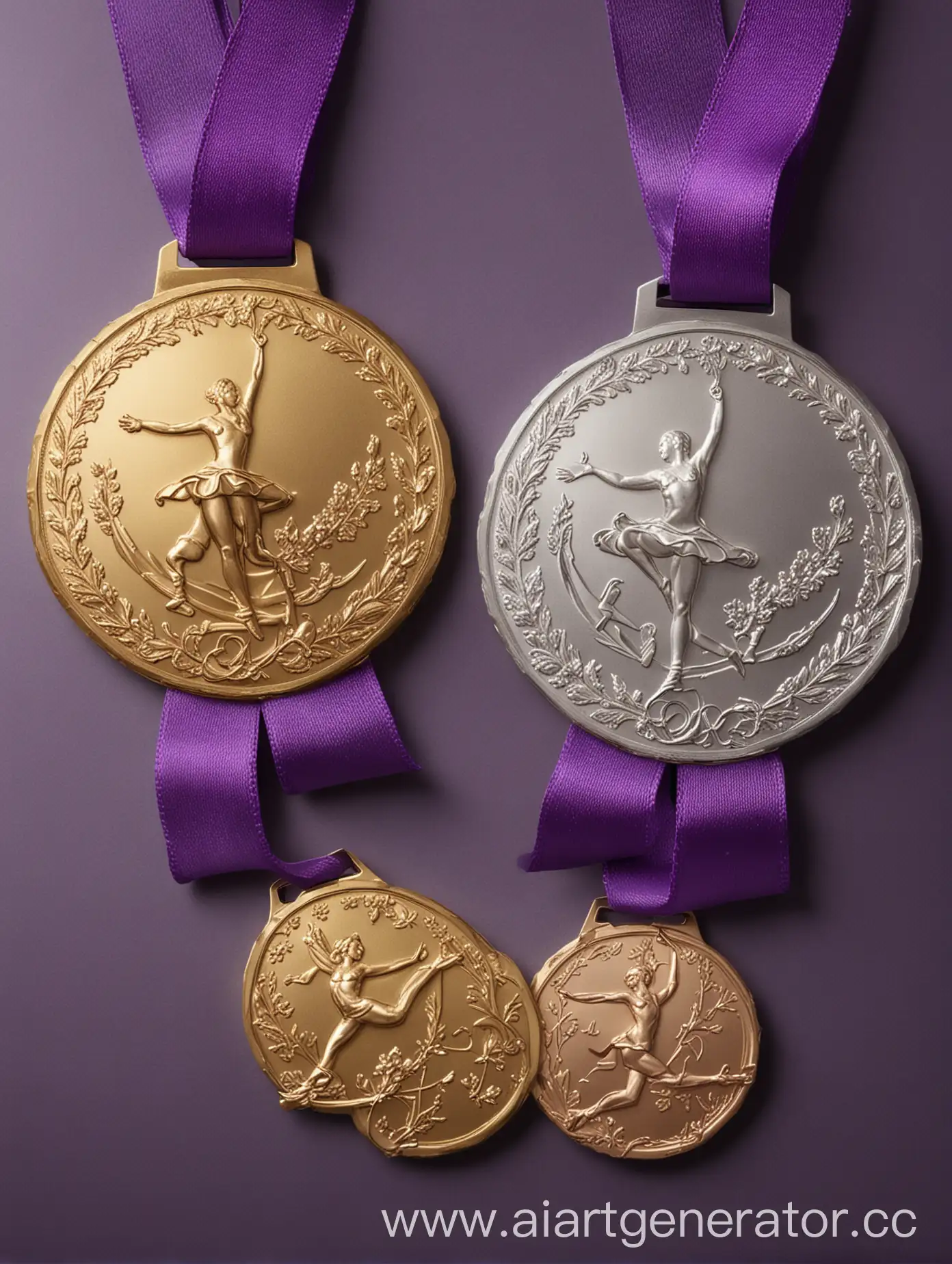 Золотая серебряная и бронзовая  олимпийские медали 2024 с фиолетовым ремешком по фигурному катанию в парном