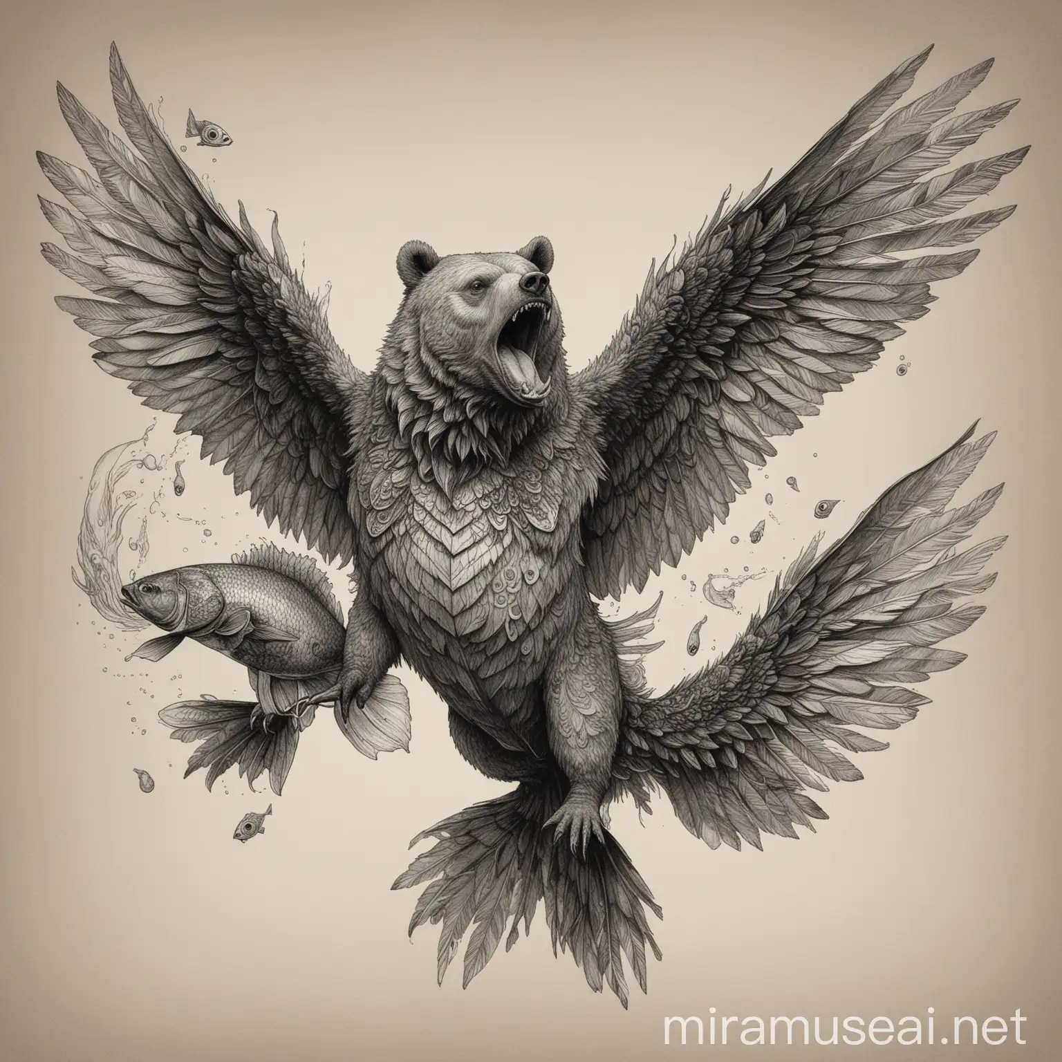 Fantastical BearFish Creature with Feathered Wings Sketch