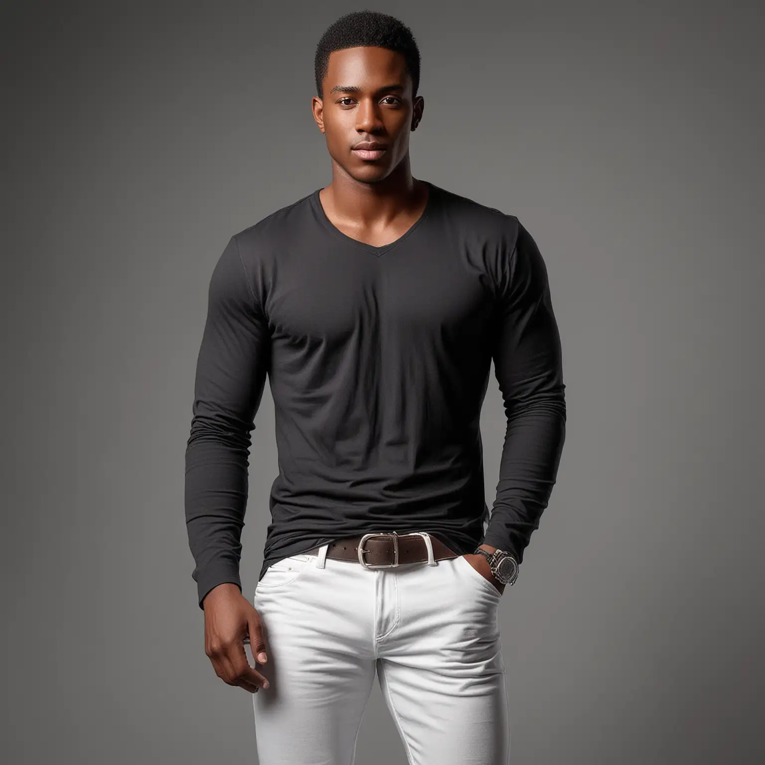 generate hyper  realistic handsome fair skin Bahamian male model wearing white pants with the black long sleeve tshirt he is in a studio