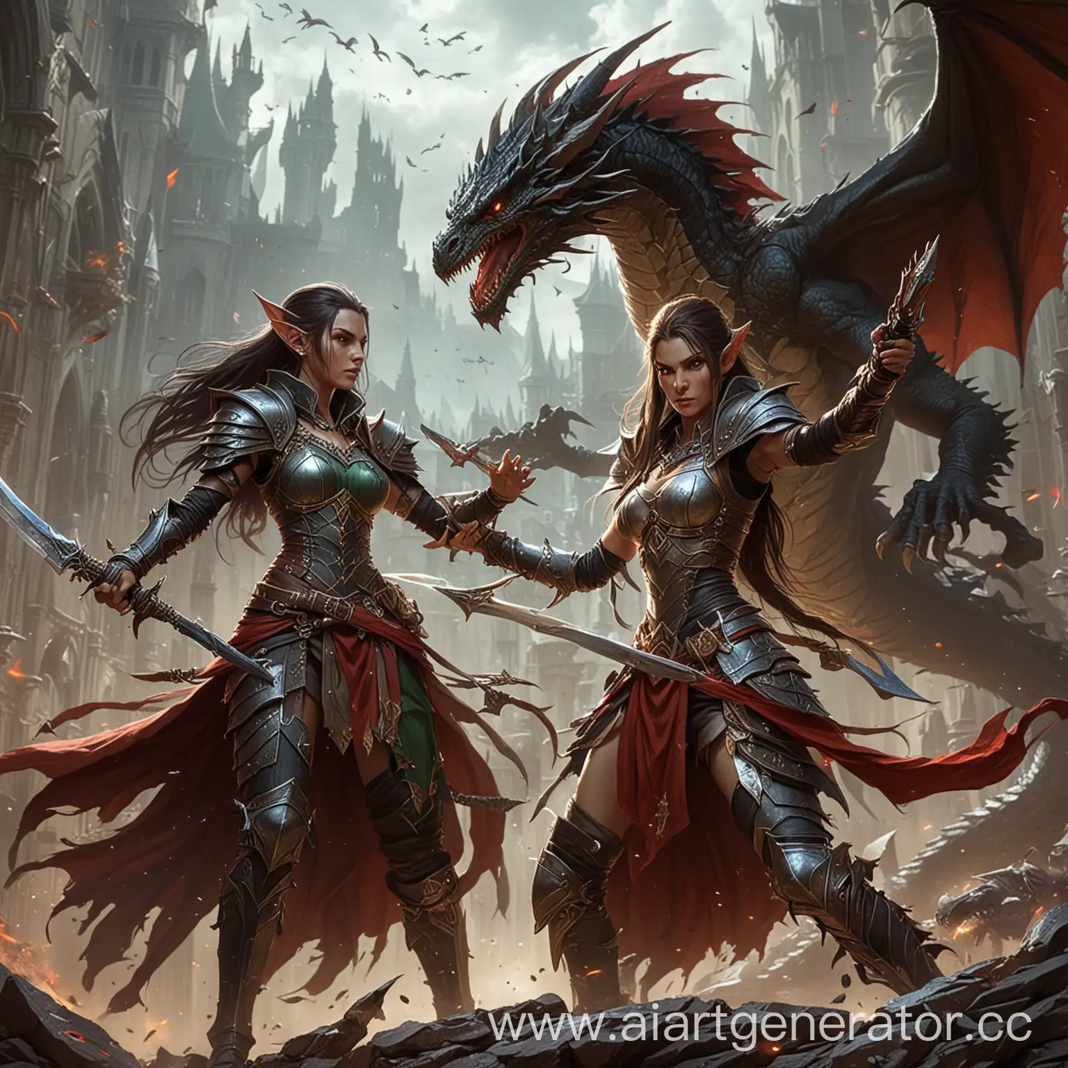 HalfElf-Priestess-and-Rogue-Battle-Dragon-with-Glaive-and-Daggers