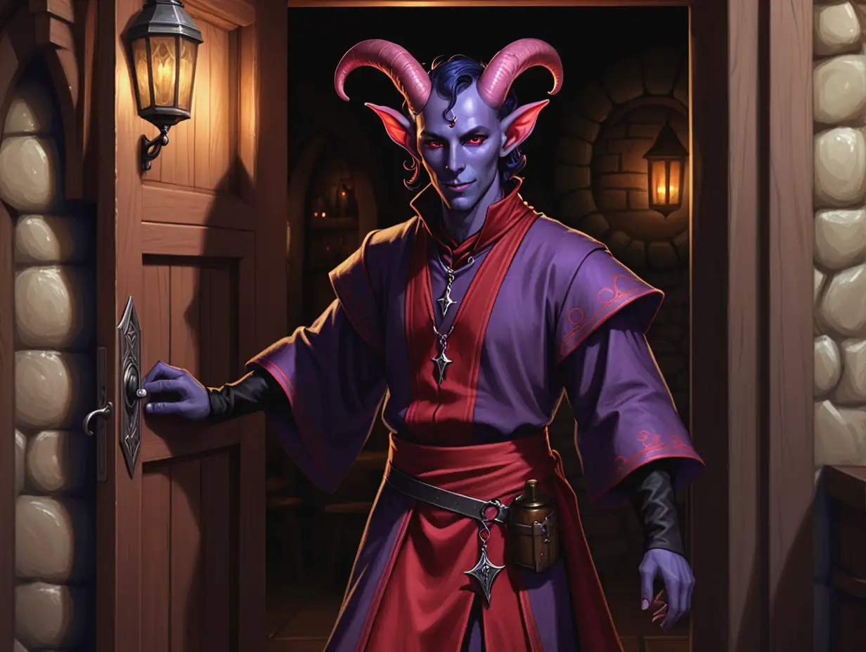 A handsome Tiefling priest enters the tavern door