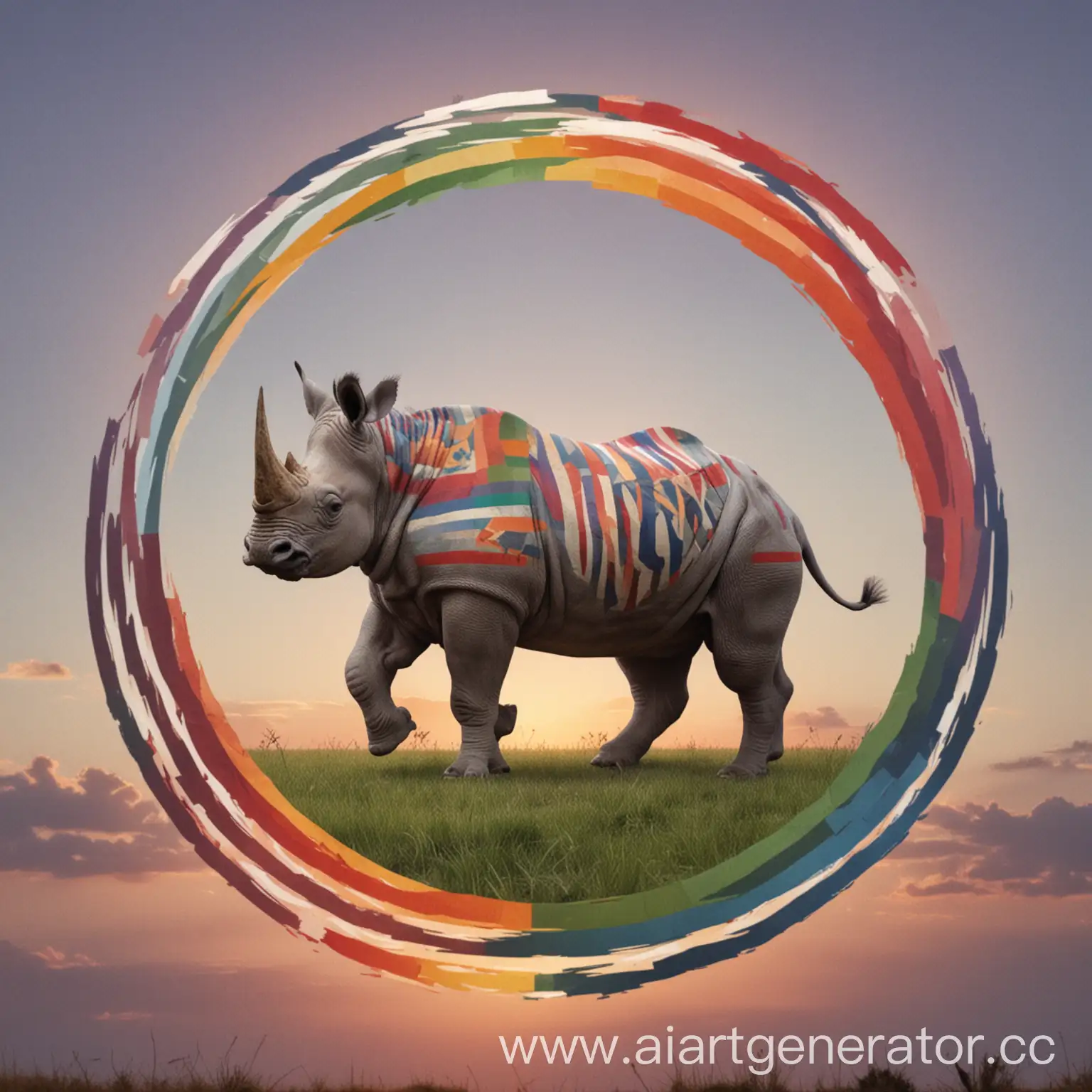  Флаг состоит из разноцветных полос, которые меняют цвет в зависимости от времени суток, с изображением танцующего носорога в центре.