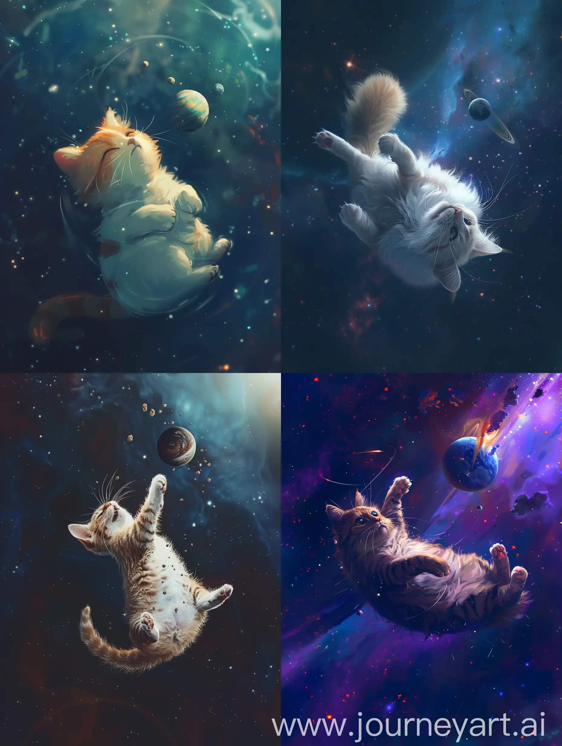 Cat floating in space with its belly up, playing with a planet like a toy. anime style