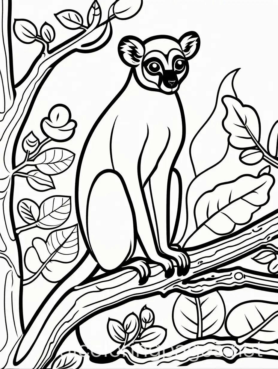 friendly, simplified lemur perched on a tree branch, with canopy of trees in the background, Coloring Page, black and white, line art, white background, Simplicity, Ample White Space. The background of the coloring page is plain white to make it easy for young children to color within the lines. The outlines of all the subjects are easy to distinguish, making it simple for kids to color without too much difficulty, Coloring Page, black and white, line art, white background, Simplicity, Ample White Space. The background of the coloring page is plain white to make it easy for young children to color within the lines. The outlines of all the subjects are easy to distinguish, making it simple for kids to color without too much difficulty