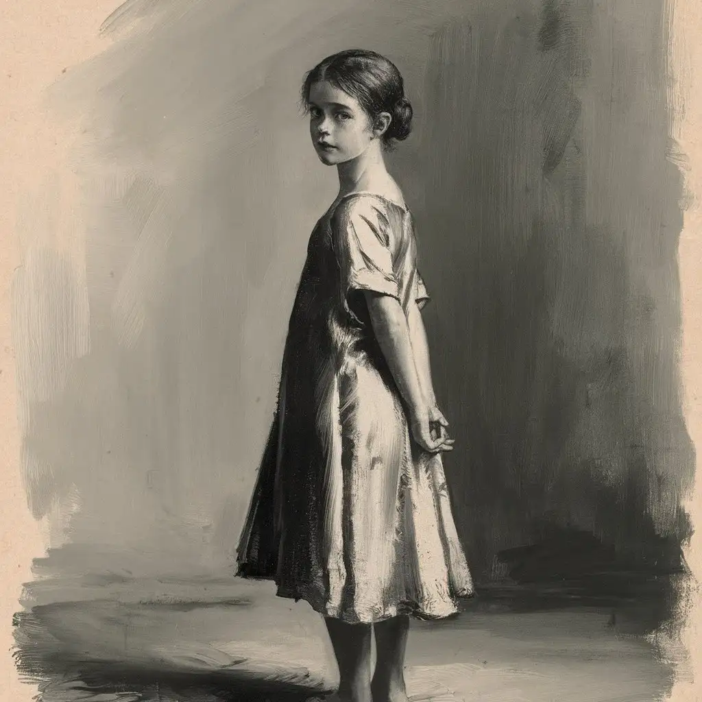 A simple black and white painting from the beginning of the 20th century is drawn with brush strokes of the figure of a girl about 12 years old standing from his back 