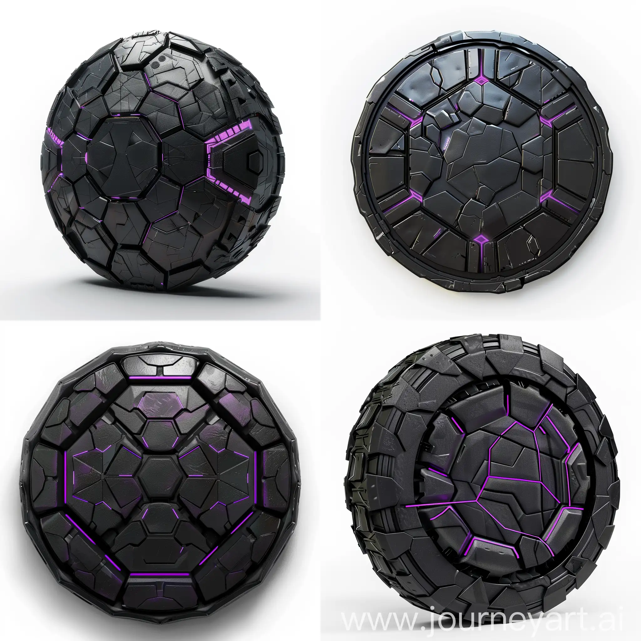 Front view of a very sleek cyberpunk robotic coin in shade of black. made of 4 pieces Its some places have neon purple hexagon patterns on it. 
clean white background. Photo realistic --v 6.0