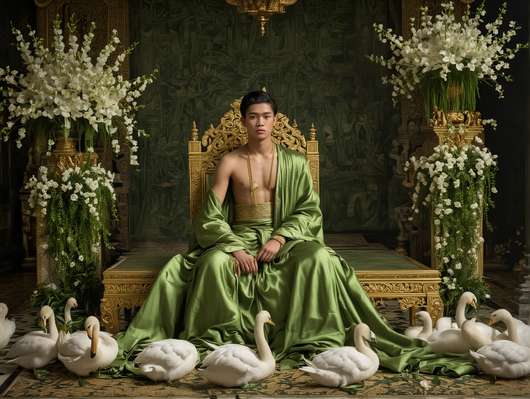 a 15 year old male Indonesian king with wavy black hair, white skin, bare chest wearing a long green cloth and green shoes, sitting on a gold and green throne. all around there are white swans and jasmine flowers in the gold and green temple at night