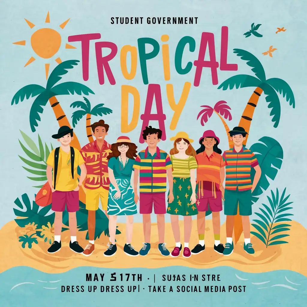 advertisement for school student government tropical day - dress up tropical may 17 for social media post, minimal text, clipart canva design