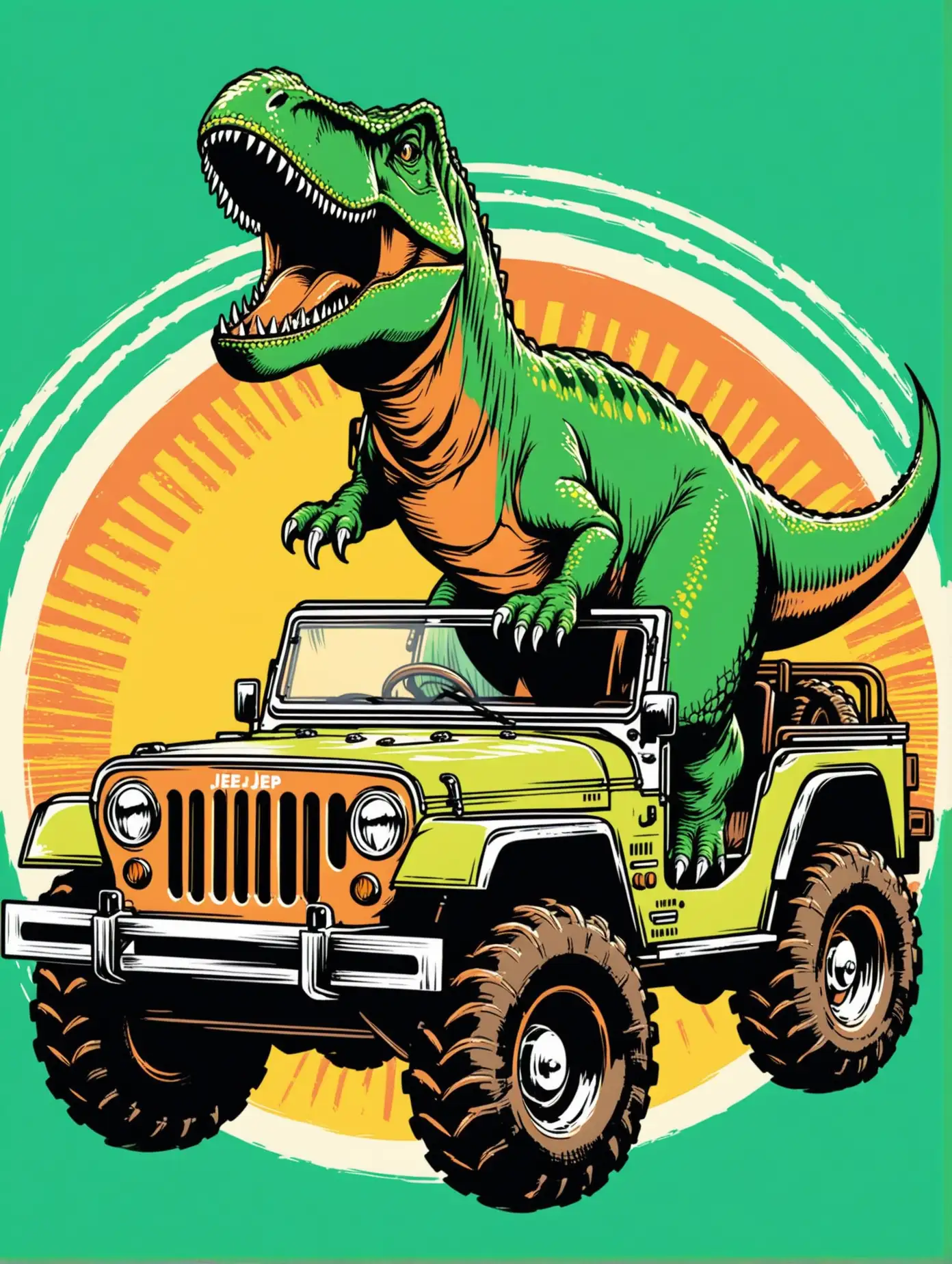 TRex Dinosaur Driving Jeep Graphic Tee Illustration