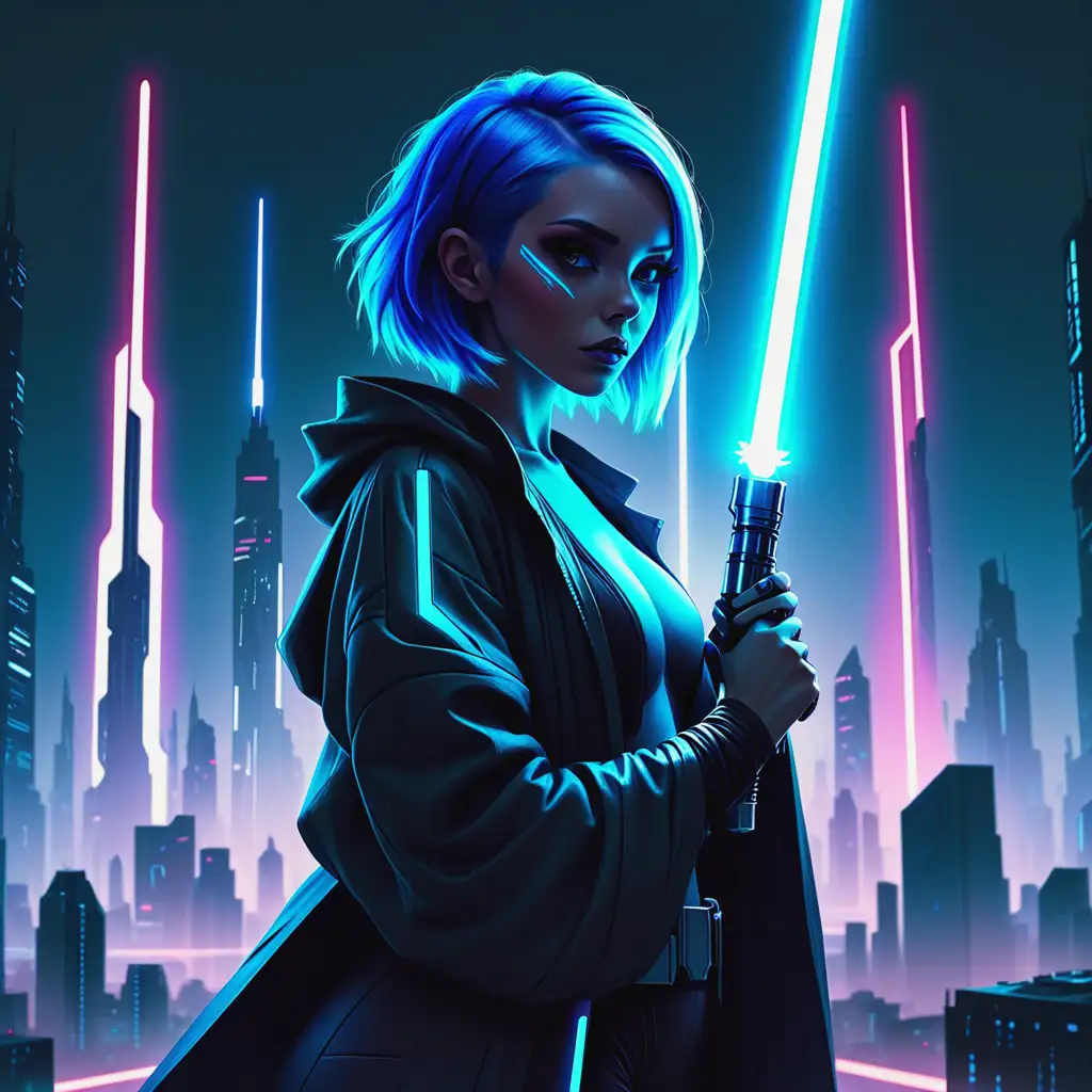 female with neon blue hair holding a lightsaber silhouette - futuristic city