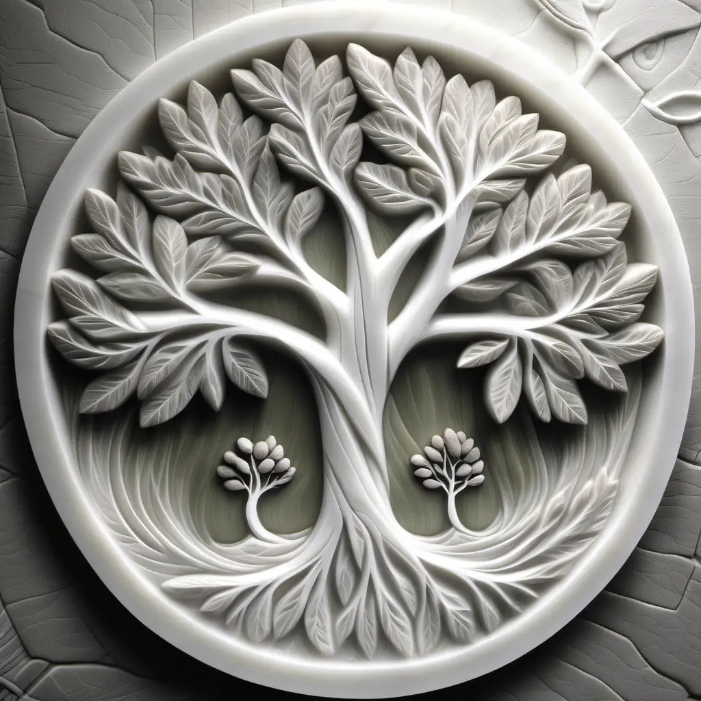  tree of life, Olive leaves, 3d relief carved in white alabaster in topographical gray scale