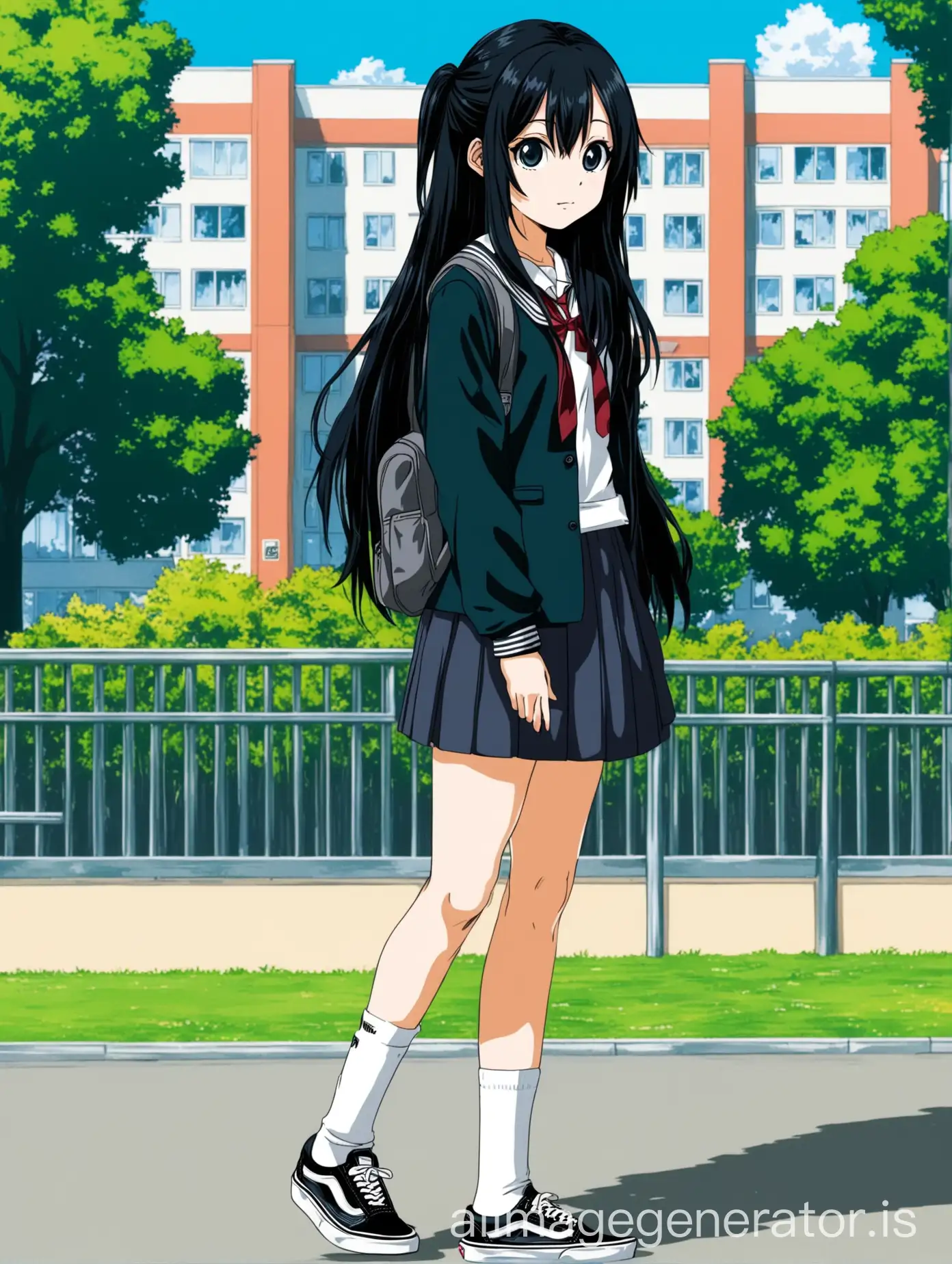 Anime girl in front of park with school outfit and vans with socks and long black hair