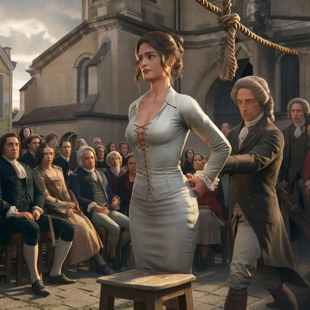 A busty woman (30 years old, 1700s, Paris) stands at a wooden stool in the middle of a town-square in a white-gray longsleeve (square-neck) lace-up front thin shirtdress(hair: brunette texture-bun),  , the woman's hands tied behind the womans back, group of rich citizens sit around the woman,  a man escort the woman and hold the womans arm with one hand, a hanging-rope-noose hangs from above at her face, background: church