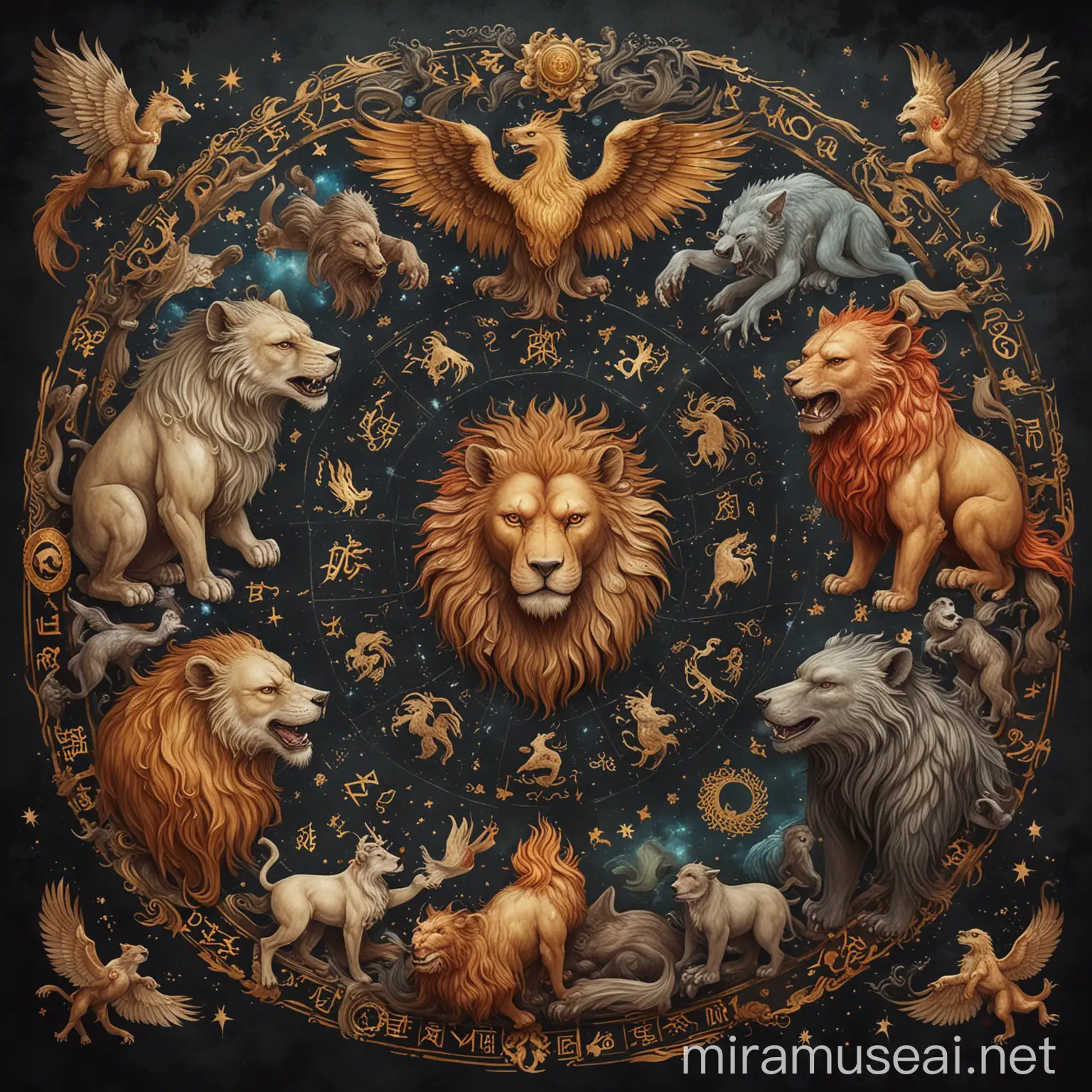 Create Zodiac circle with Four Mythical Animals (a lion, a wolf, a bear, a Pheonix, Monkey) 
(North, South, East, West)