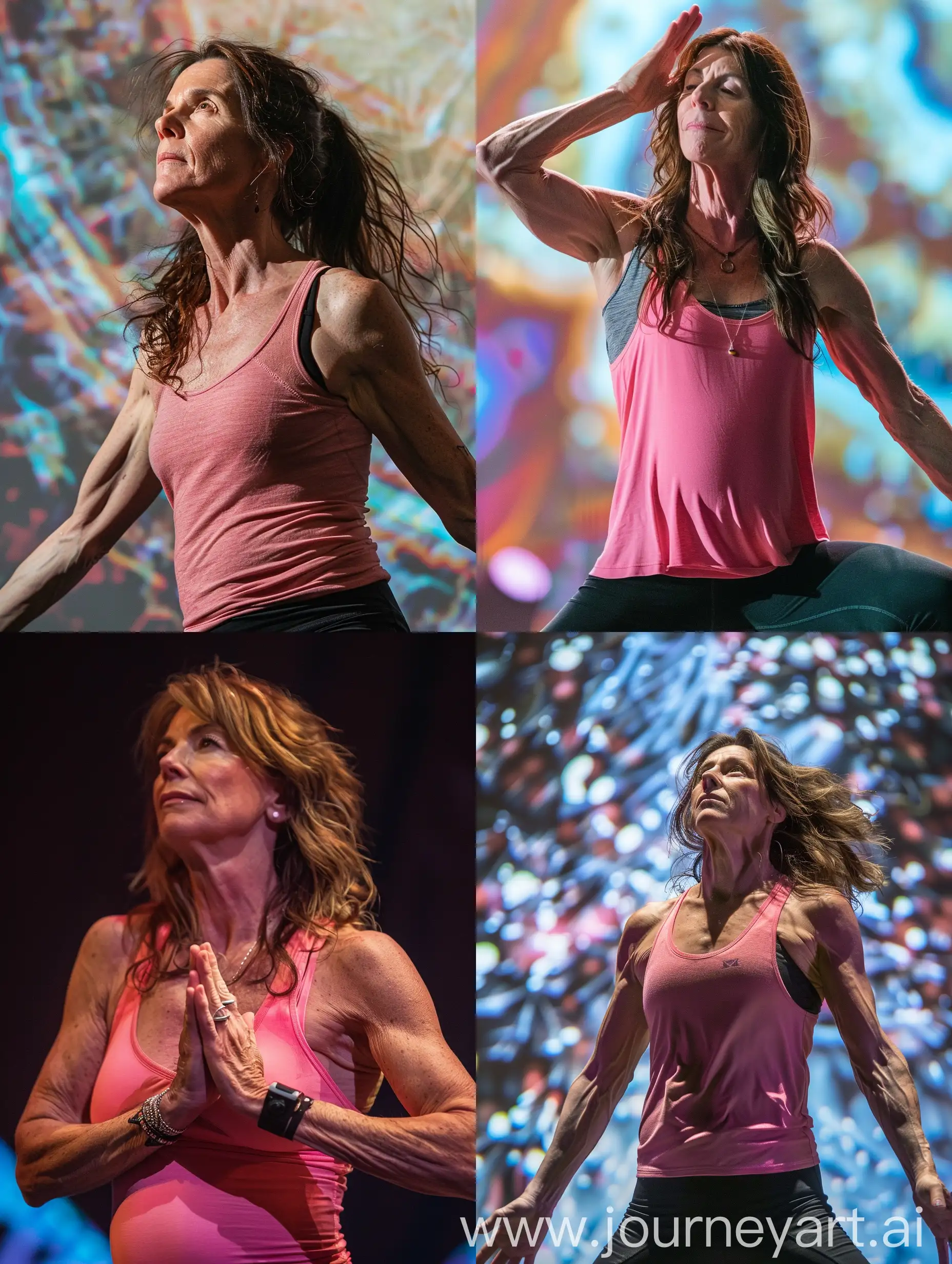 Macro closeup of Laura Branigan wearing a pink belly tanktop, and black leggings, while doing yoga on stage, with a dynamic and engaging background, creating a sense of movement and energy.