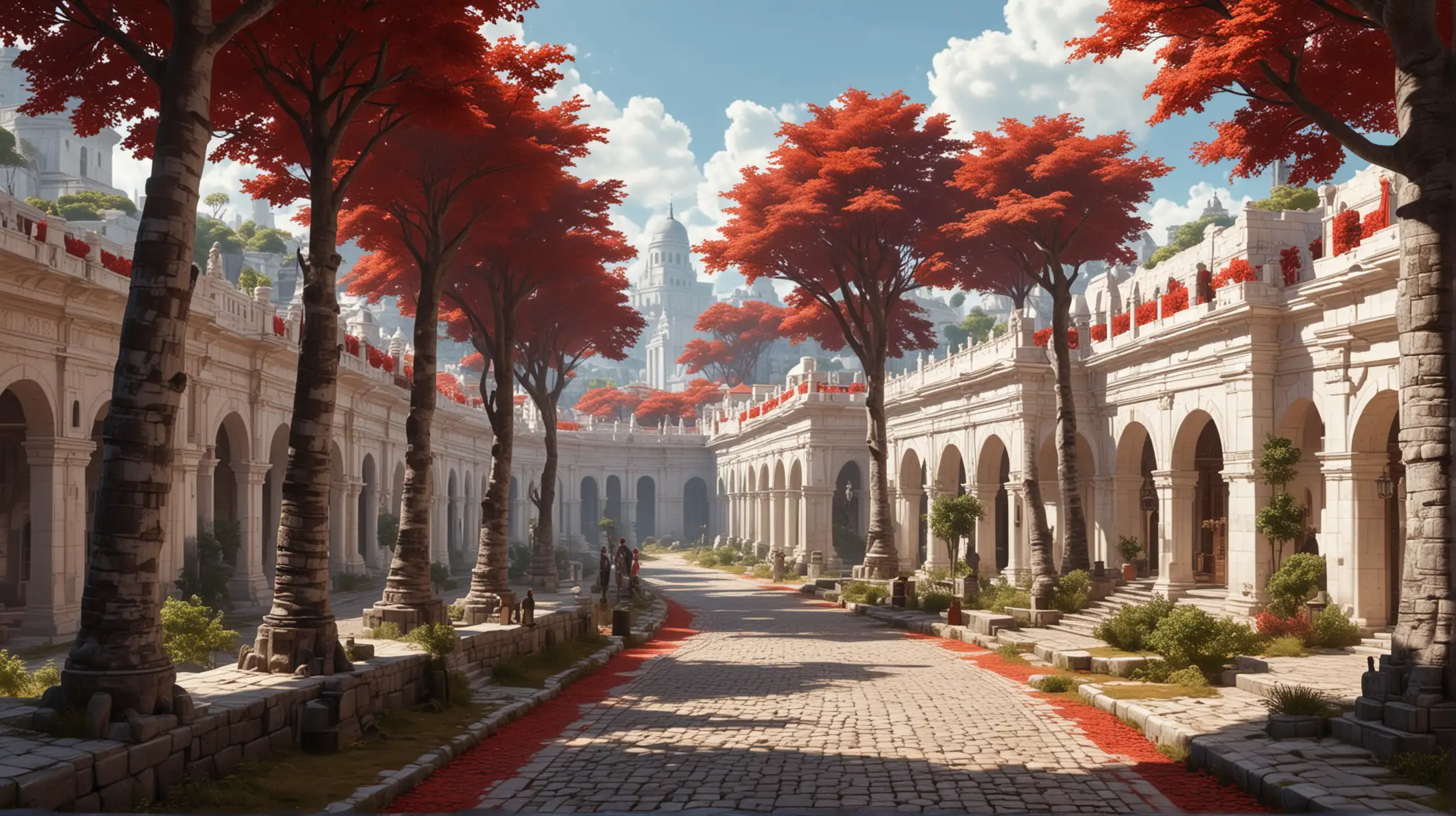 High fantasy city. Opulent White and red colonnaded buildings line boths sides of a wide tree-shaded cobblestone road.
Up above from the road, we see a great white Senate Citadel with three storeys of rounded colonnades.