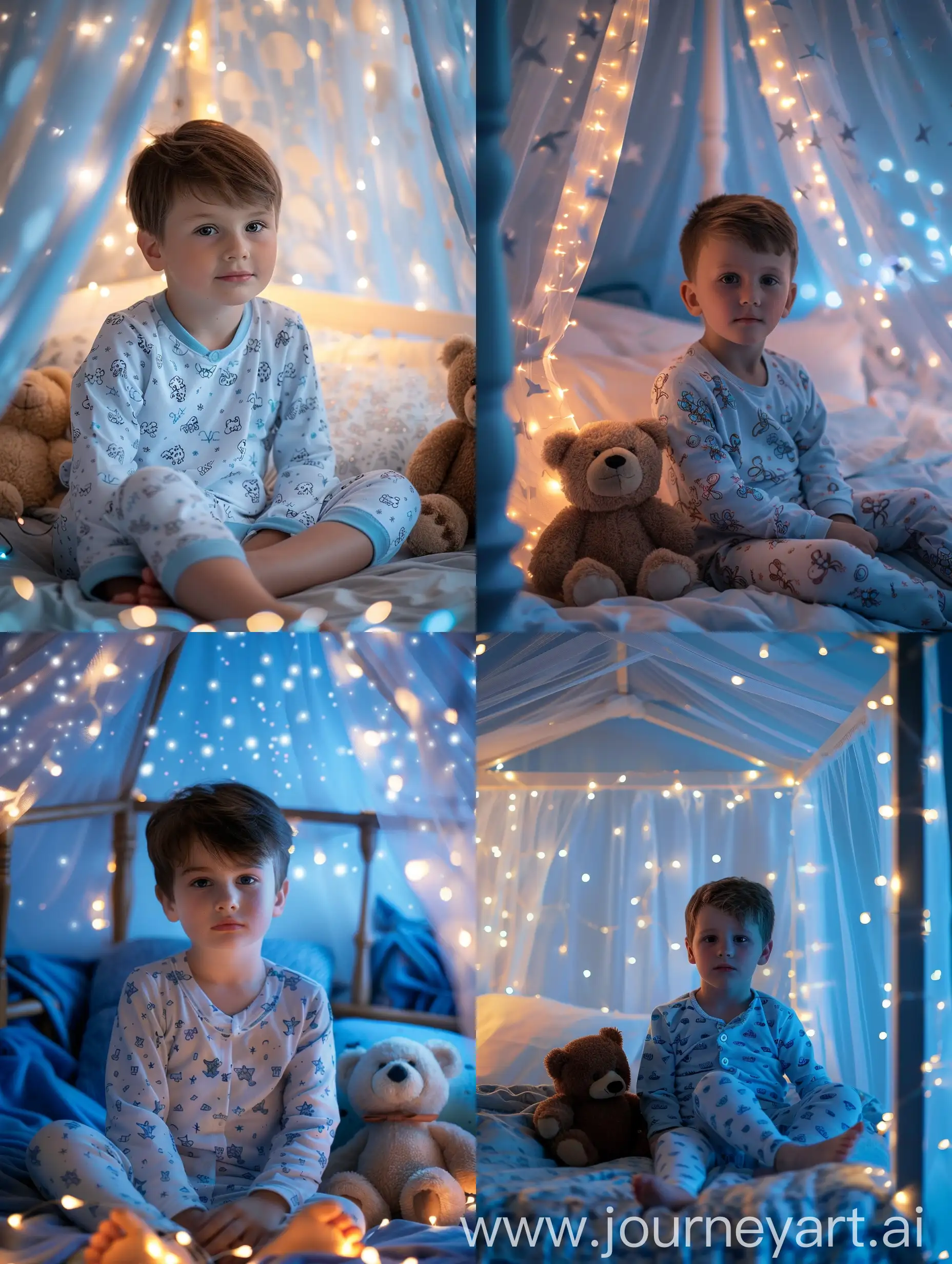 A little boy of seven years old in pajamas sits on a four-poster bed, the canopy glows with lights, next to a teddy bear, close-up, realistic photo, hyperrealism, face is clearly visible, looks at the camera, photo in blue and white tones, close-up photo, light photo