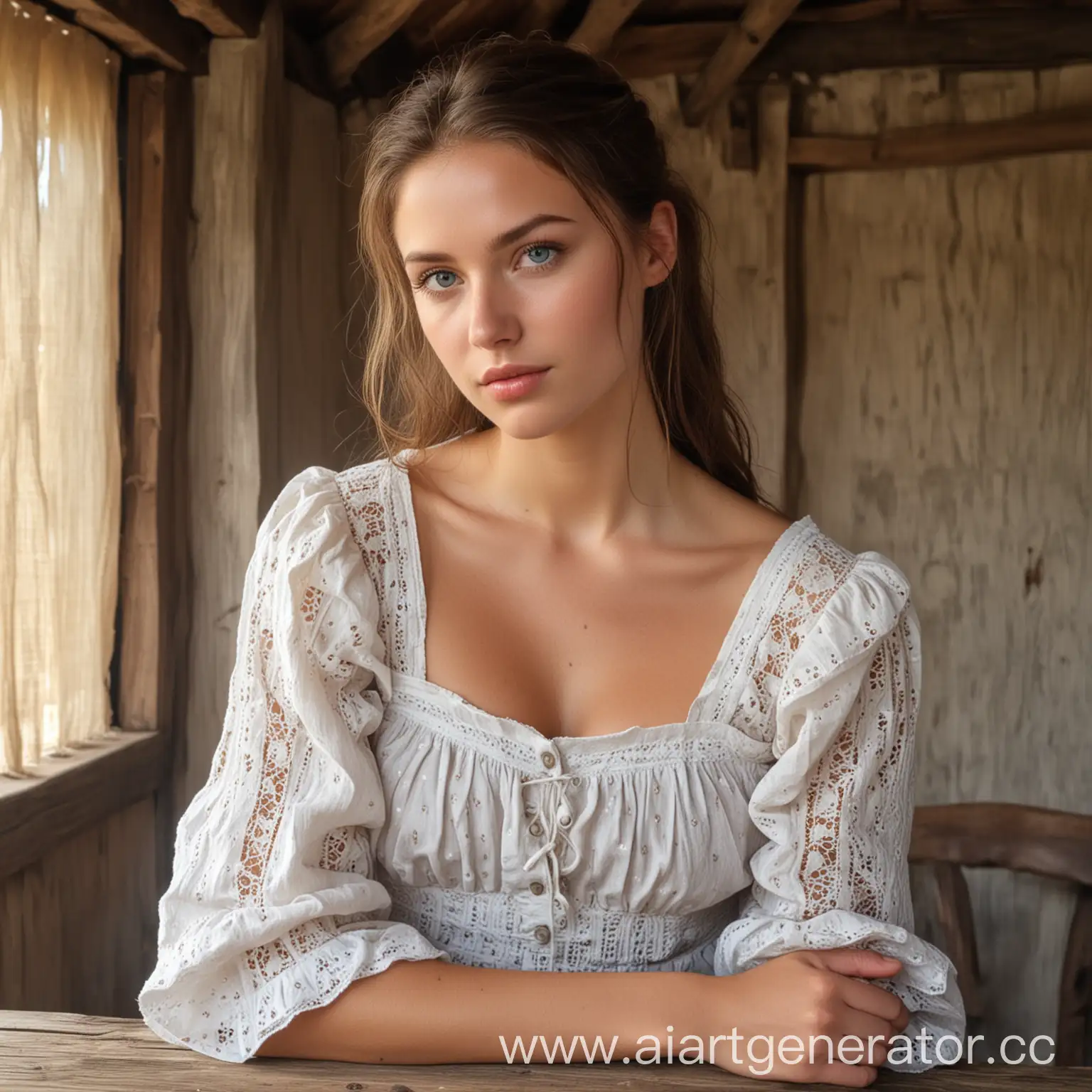 very beautiful young woman, Scandinavian young woman, plump young woman, plump young woman, young peasant woman, body fully visible, the chest is completely visible, A young peasant woman is sitting at a table in a very shabby hut, broad shoulders, strong shoulders, strong shoulders, wide back, strong back, strong back, strong arms, strong arms, very beautiful face, plump face, regular facial features, correct face shape, intelligent face, very beautiful eyes, sky blue eyes, intelligent eyes, intelligent gaze, wide cheekbones, wide jaw, rounded chin, sensual mouth, sensual lips, long hair, dressed in a simple dress, peasant dress, lace-up dress, deep neckline, open shoulders, ultra quality, ultra detail, high resolution,