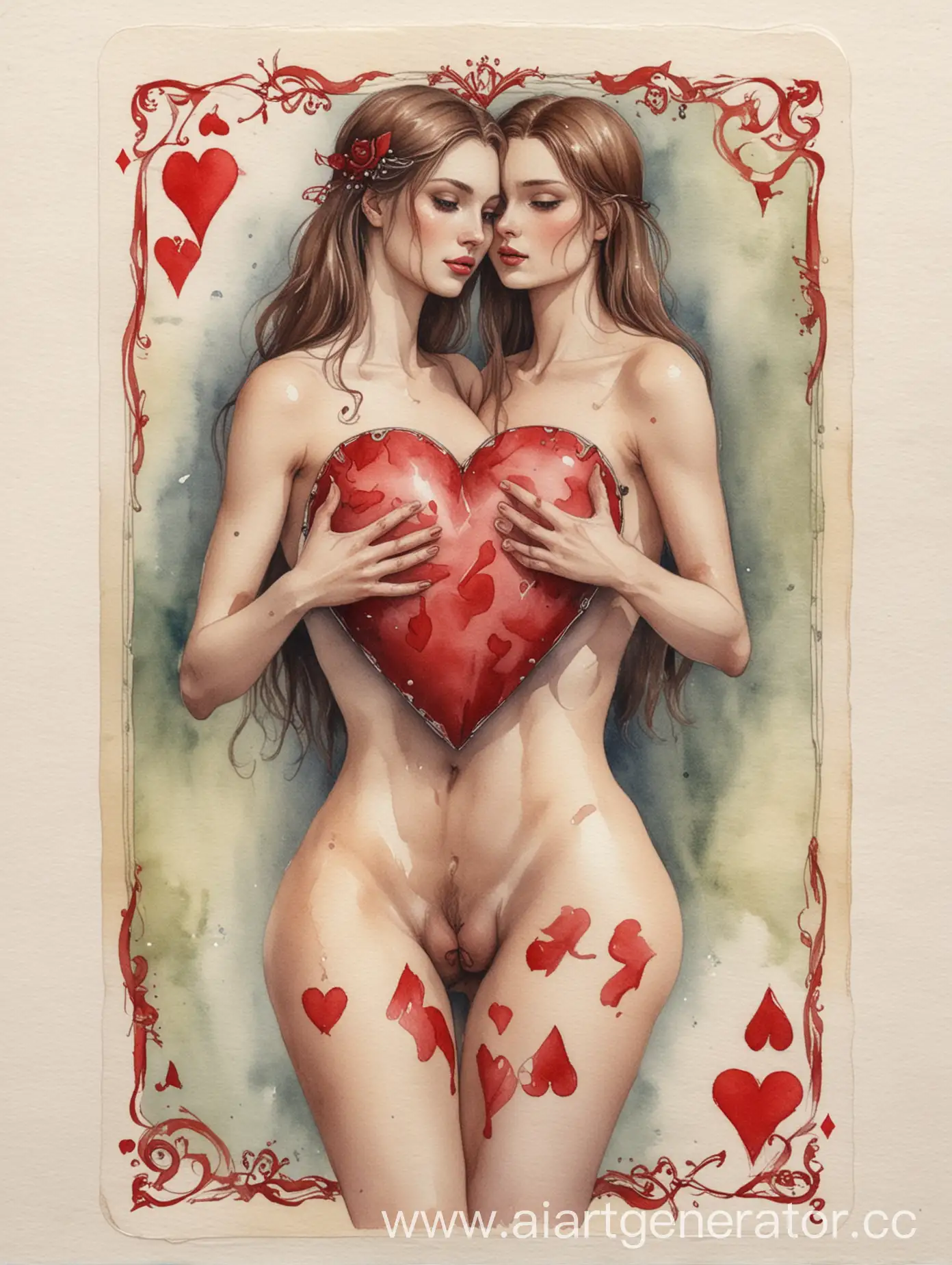 Watercolor-Illustration-of-Two-of-Hearts-Playing-Card-with-Sensual-Beauty