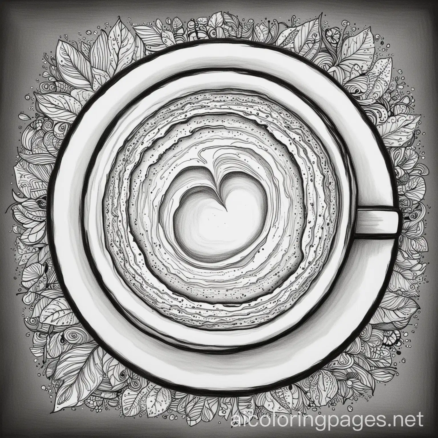 a black and white coloring page of a large cozy looking up of coffee with beautiful  coffee art on the surface of the coffee , Coloring Page, black and white, line art, white background, Simplicity, Ample White Space. The background of the coloring page is plain white to make it easy for young children to color within the lines. The outlines of all the subjects are easy to distinguish, making it simple for kids to color without too much difficulty 