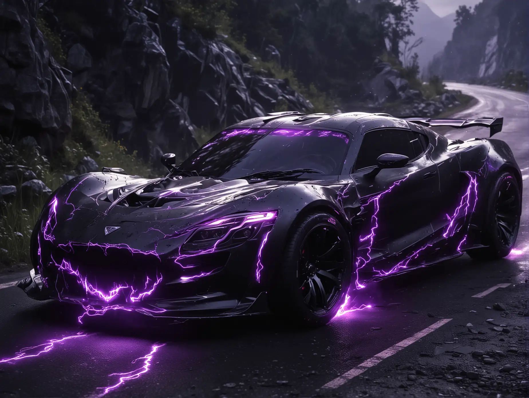 Create futuristic cars tuning type venom night on Downhill background metallic black dark color rear view from far away lightning marks on the body of car add violet lightning marks
