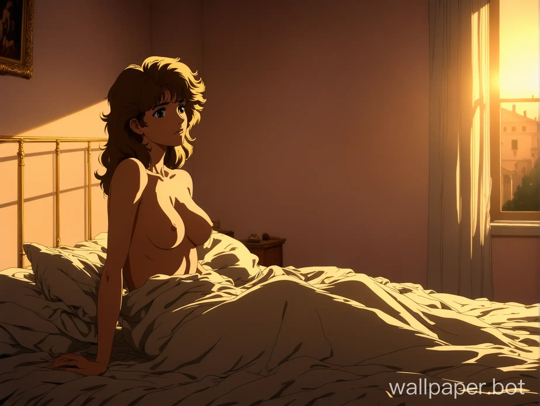 retro 1980s anime, full body portrait of a gorgeous young italian woman is sitting up in bed, she just woke up, view from the side, topless, under the covers, lazy and tired, disheveled and messy, gorgeous breasts, roman bedroom interior, interior, sensual, golden hour lighting