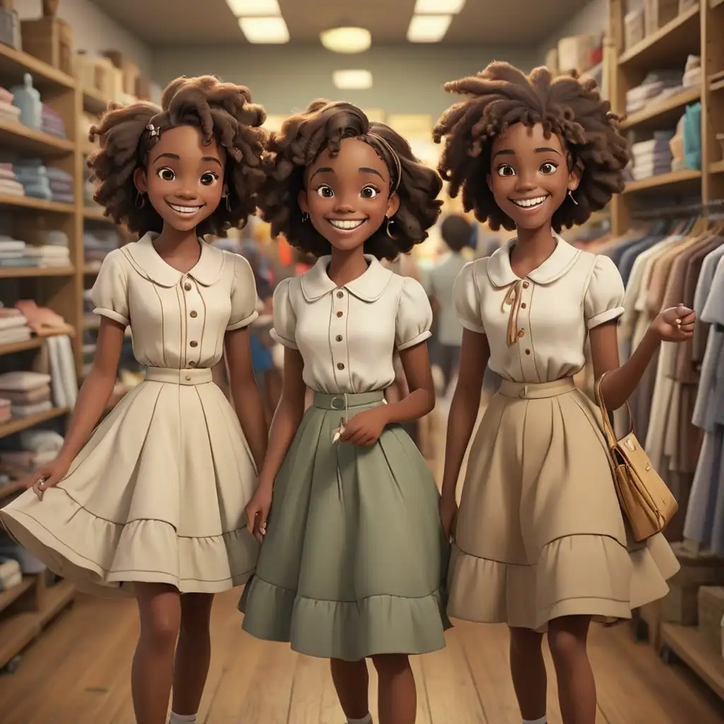 Happy African American Teens Shopping in 1900s Cartoon Style