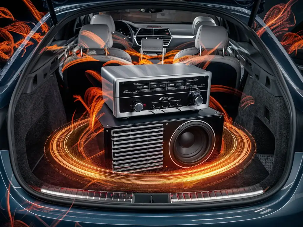 Sound amplifier and subwoofer in a car, photo