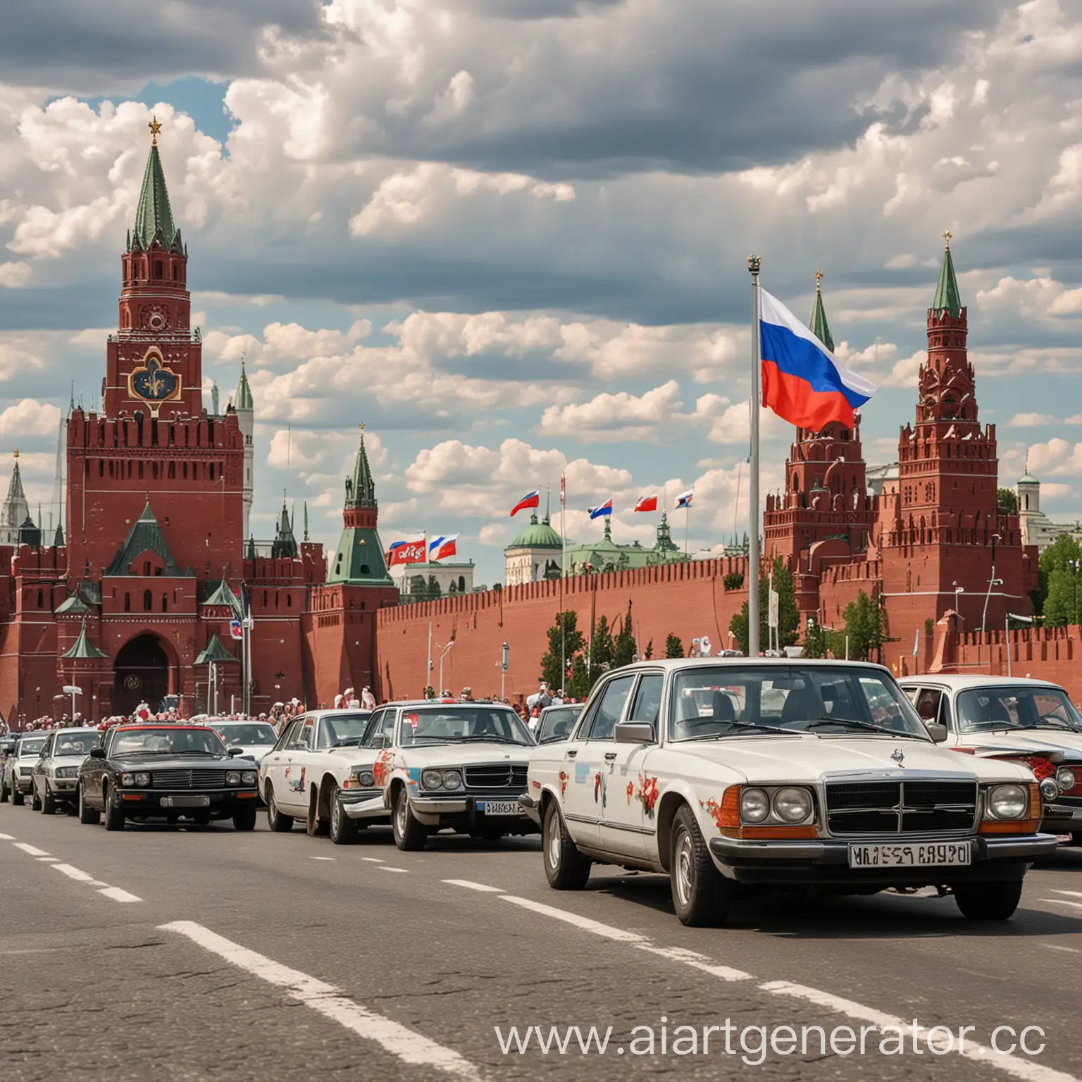 Изображение на котором изображены несколько автомобилей. Флаг России. Улыбающиеся люди. На фоне Кремля. В честь праздника 12 июня. День России.