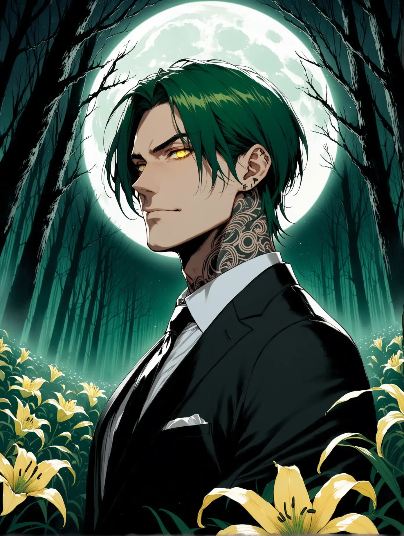 Haughty-Man-with-Dark-Green-Hair-and-Cross-Pendant-in-Night-Forest-Graveyard