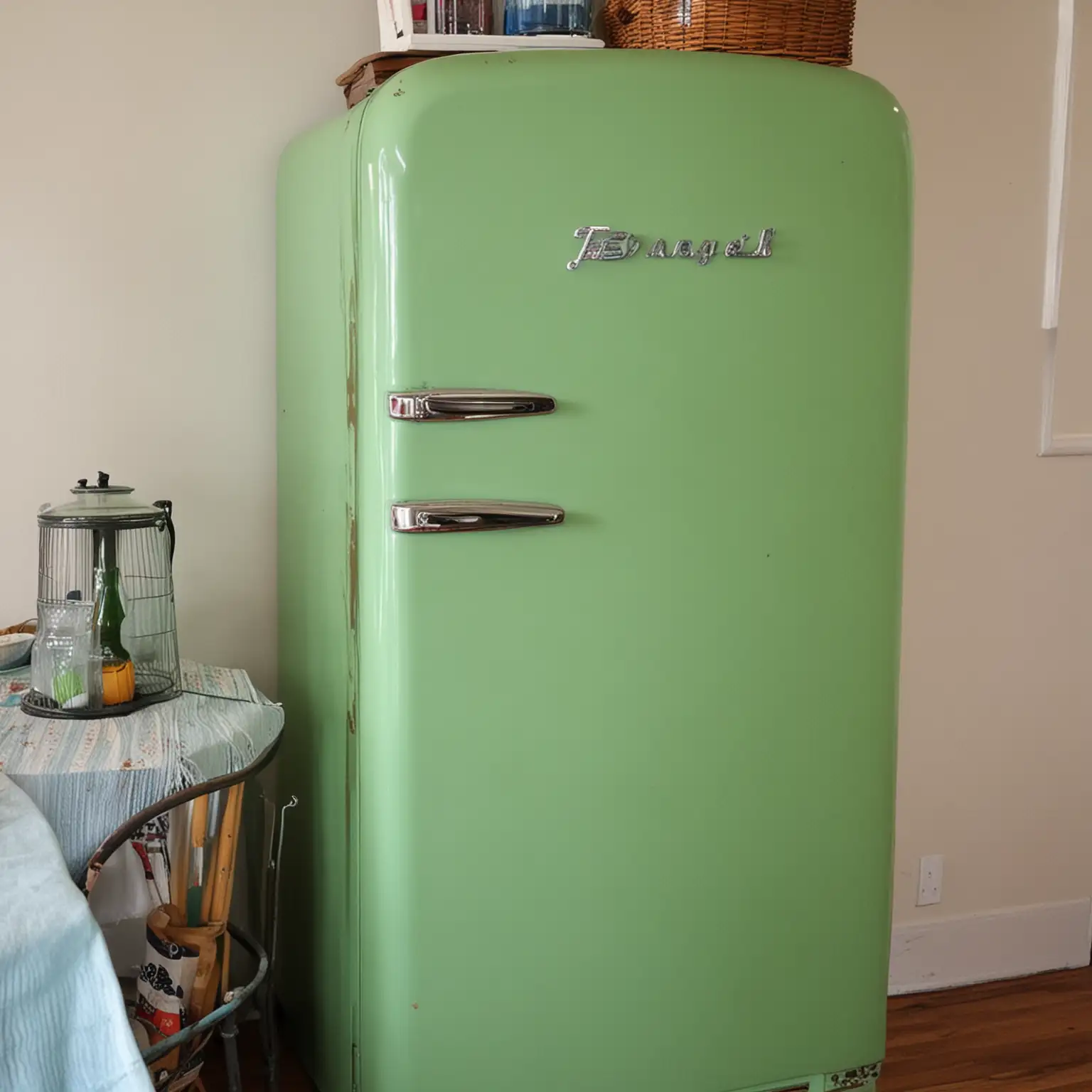 Retro Green Fridge in Kitchen Interior