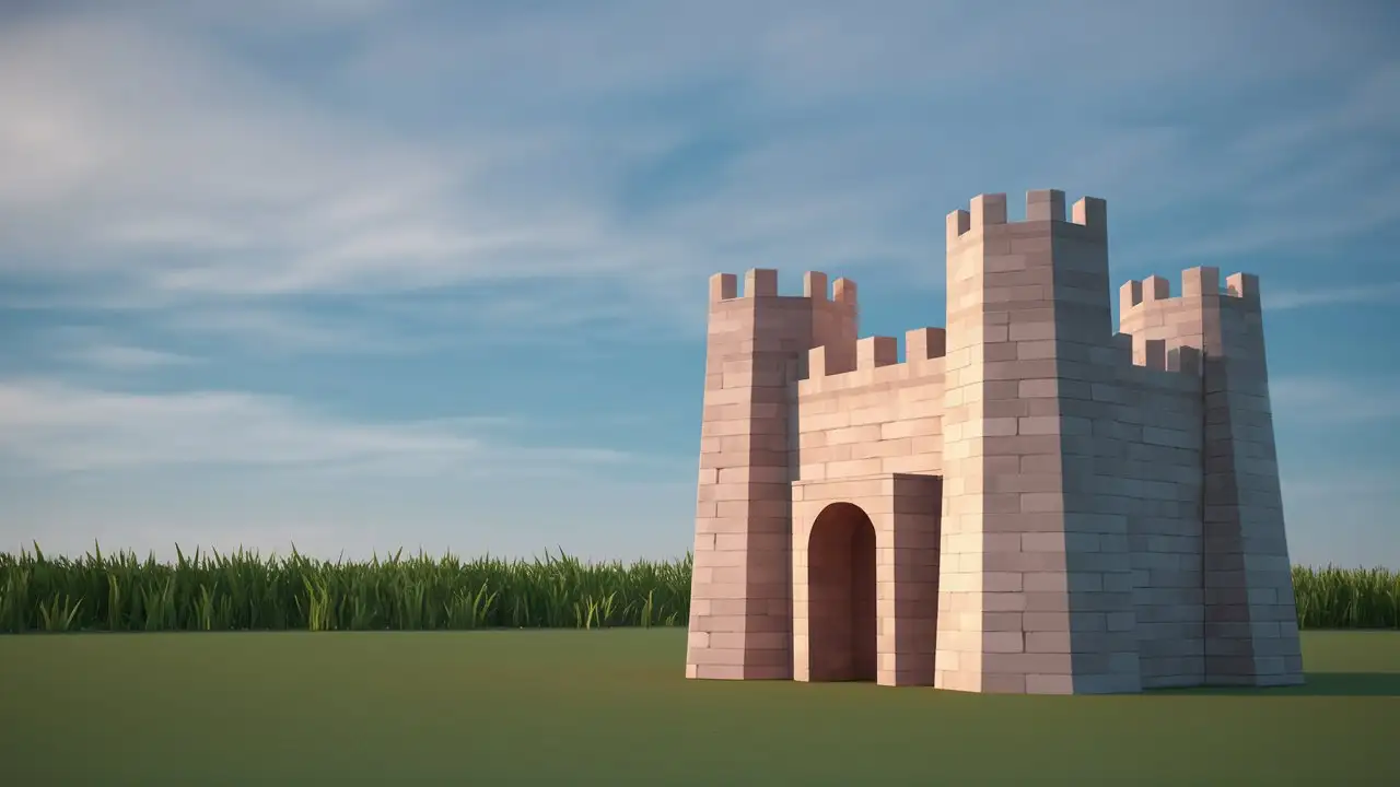 Вид сбоку. низкополигональный простой кирпичный  форт немного похожий на маленький замок. На фоне счастливое голубое небо и плоский горизонт из газона.