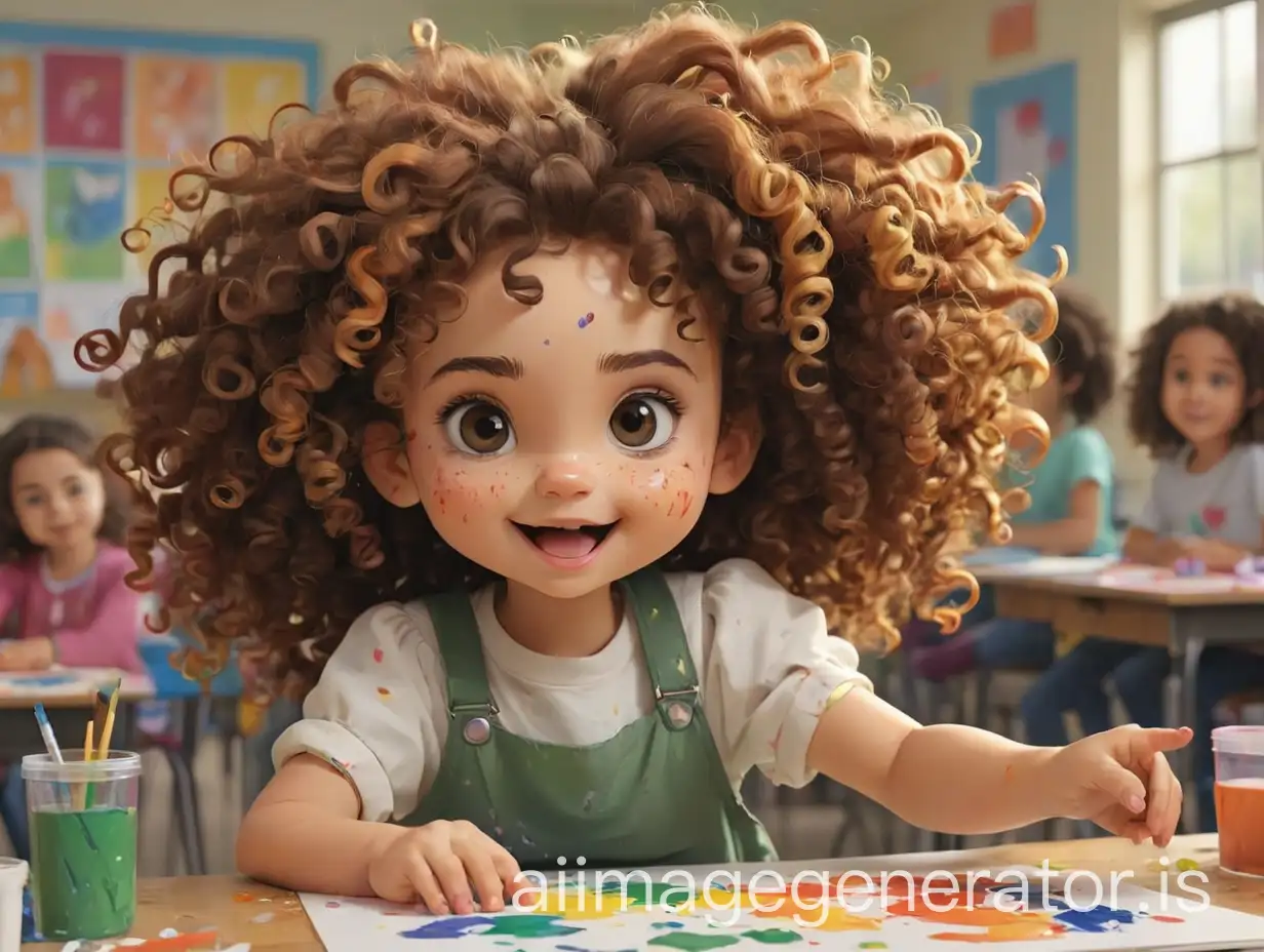 create a cute image of Lily, she has curly hair doing finger paint in the classroom with other kids around her doing the same