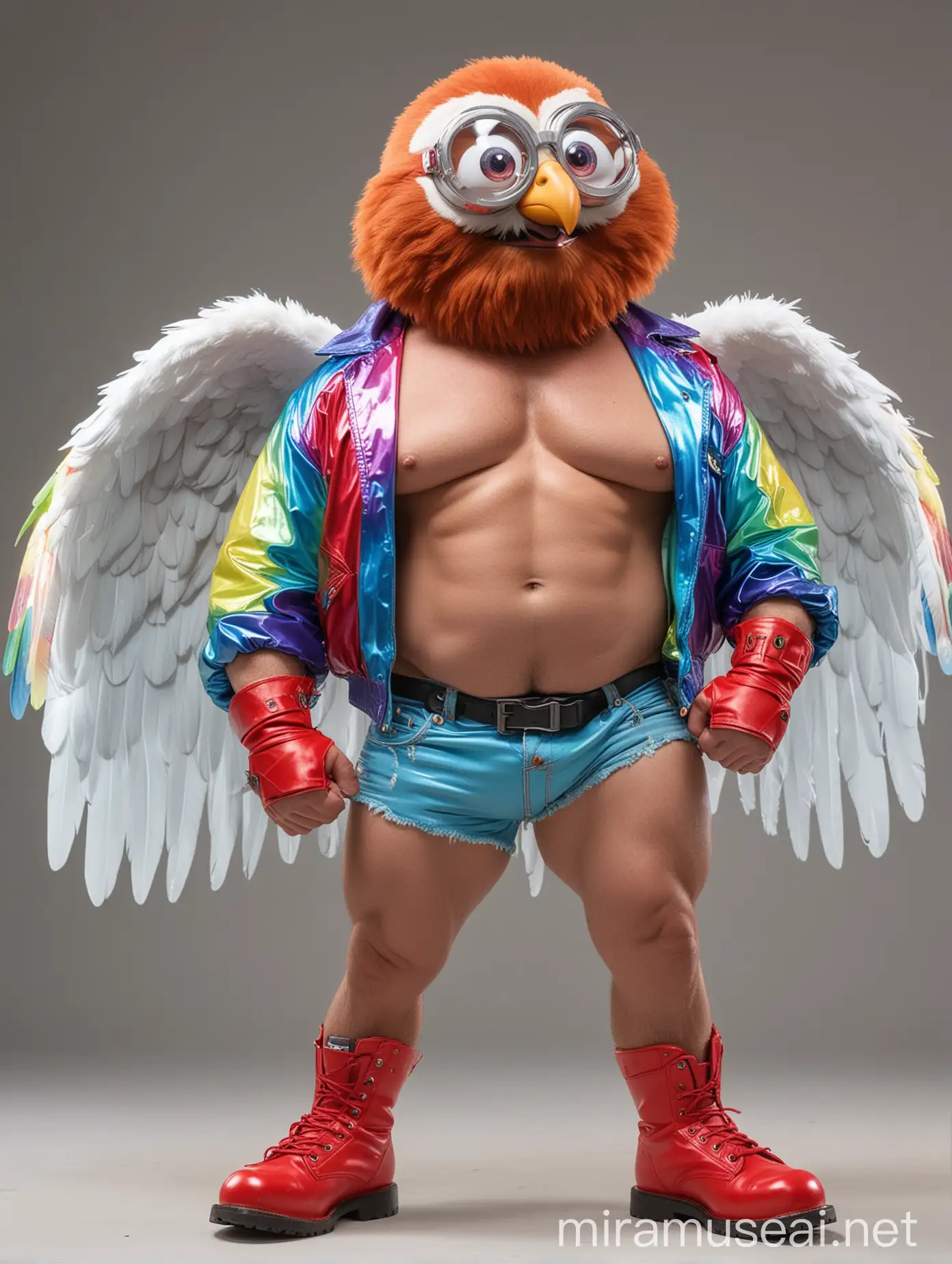 Big Eyes Topless 40s Ultra beefy Red Head Bodybuilder Daddy with Beard Wearing Multi-Highlighter Bright Rainbow Colored See Through huge Eagle Wings Shoulder Jacket short shorts long legs short boots and Flexing his Big Strong Arm Up with Doraemon Goggles on forehead side pose