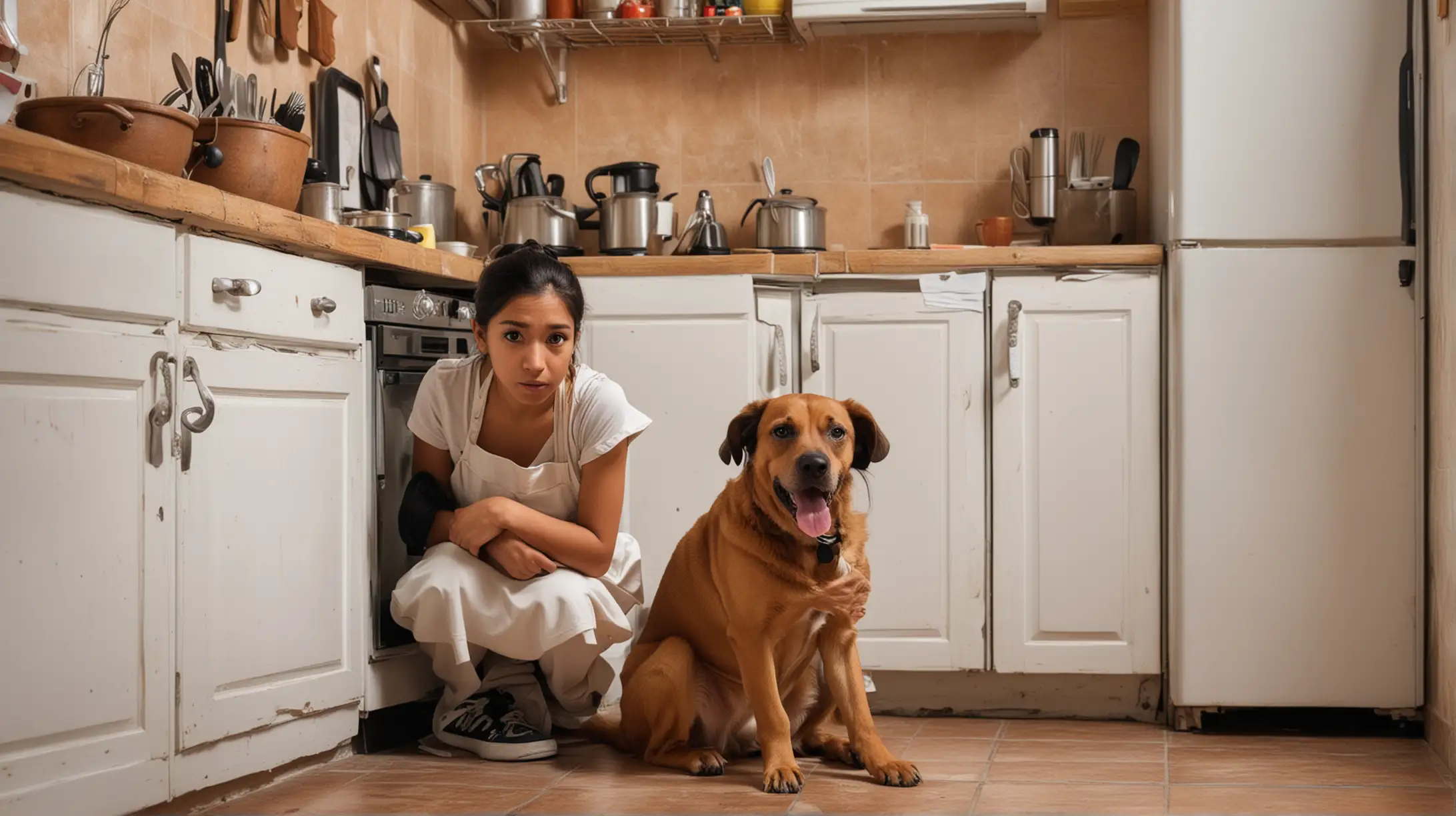 Young Mexican housekeeper is hiding in the kitchen surrounded by a dog
