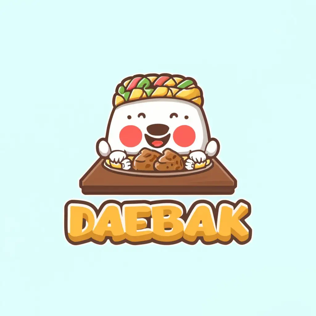 a logo design,with the text "Daebak", main symbol:This logo will feature a cute mascot with a happy face sitting on a table. The mascot was holding a large piece of kimbab with both hands, and his expression was cheerful while eating And under the mascot is the writing daebak,Moderate,be used in Restaurant industry,clear background