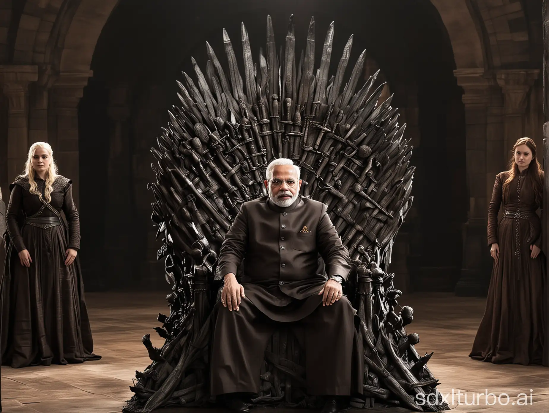 Narendra Modi seated on the iron throne in game of thrones