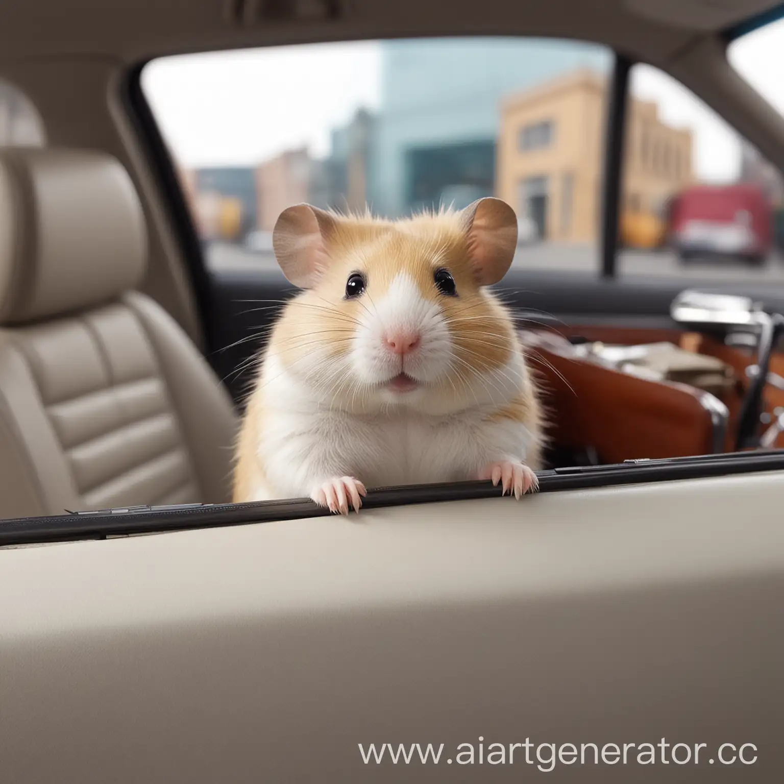 Blatnoy hamster goes to a business meeting in a car, ultrarealistically
