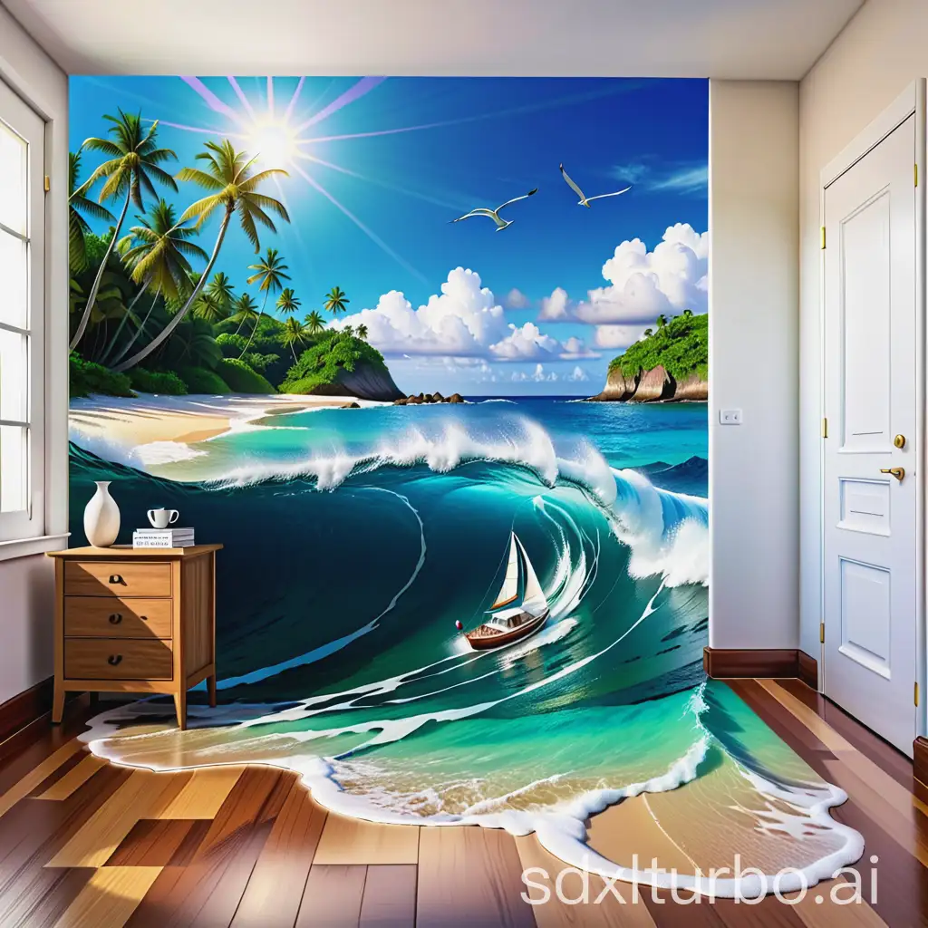 3d+room+floor, landscape+sailboat+wave+tropical island, hyperrealism, professional photo