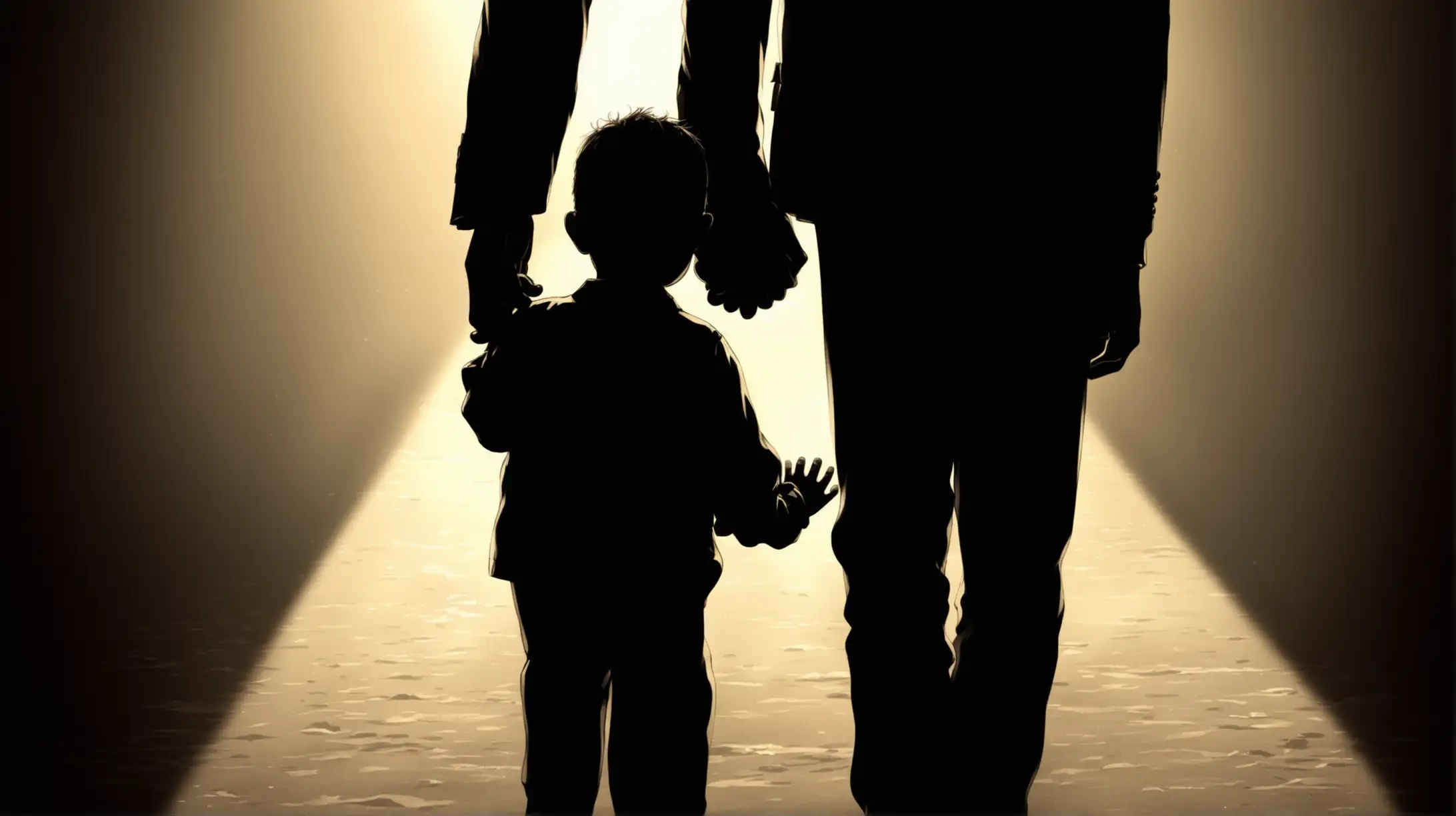 A Contre jour un enfants avec son père main dans la main