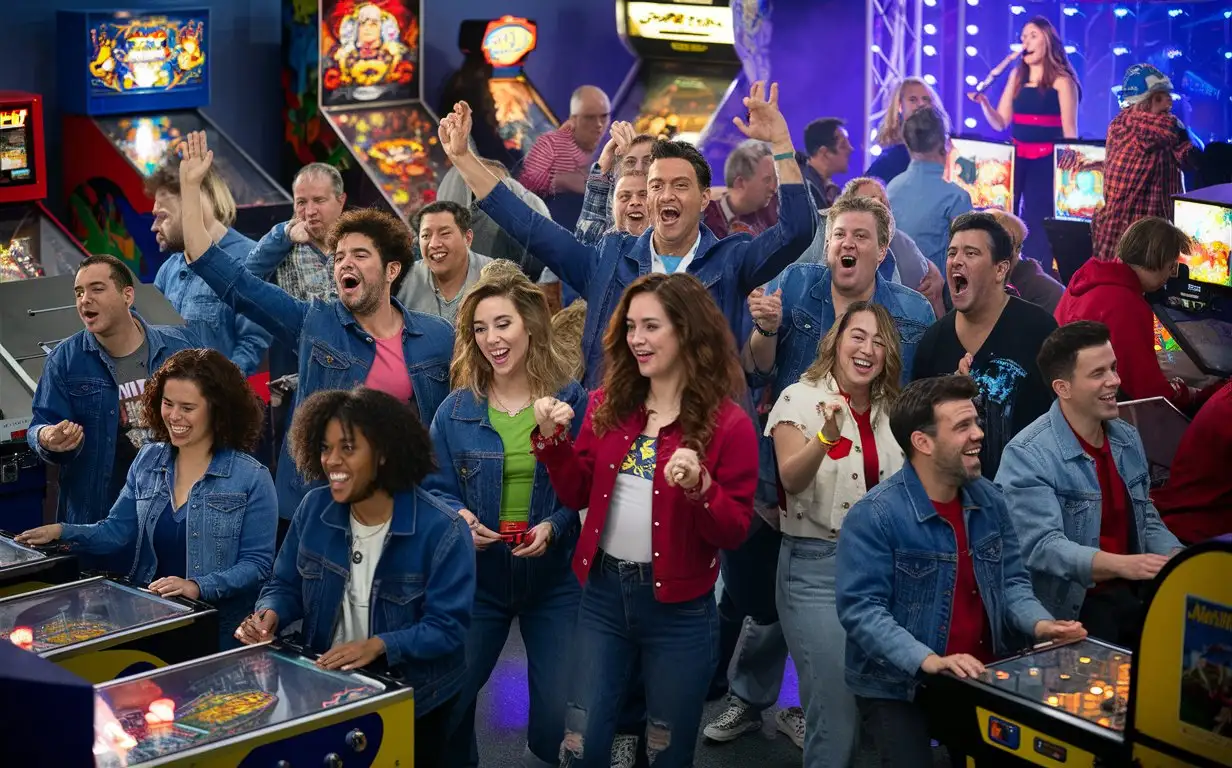 A videogame arcade with lots of people playing game machines and pinball machines. Half of the people are men and half are women. All people are wearing denim jeans and denim jackets. All people are smiling and excited. In the background is a stage with a lady singing karaoke.
