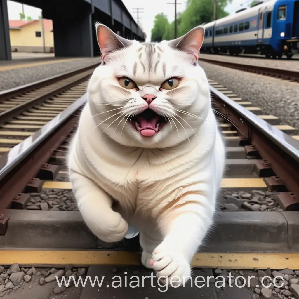 жирный котик с большим животом бежит за поездом и плачет, потому что его мама уехала