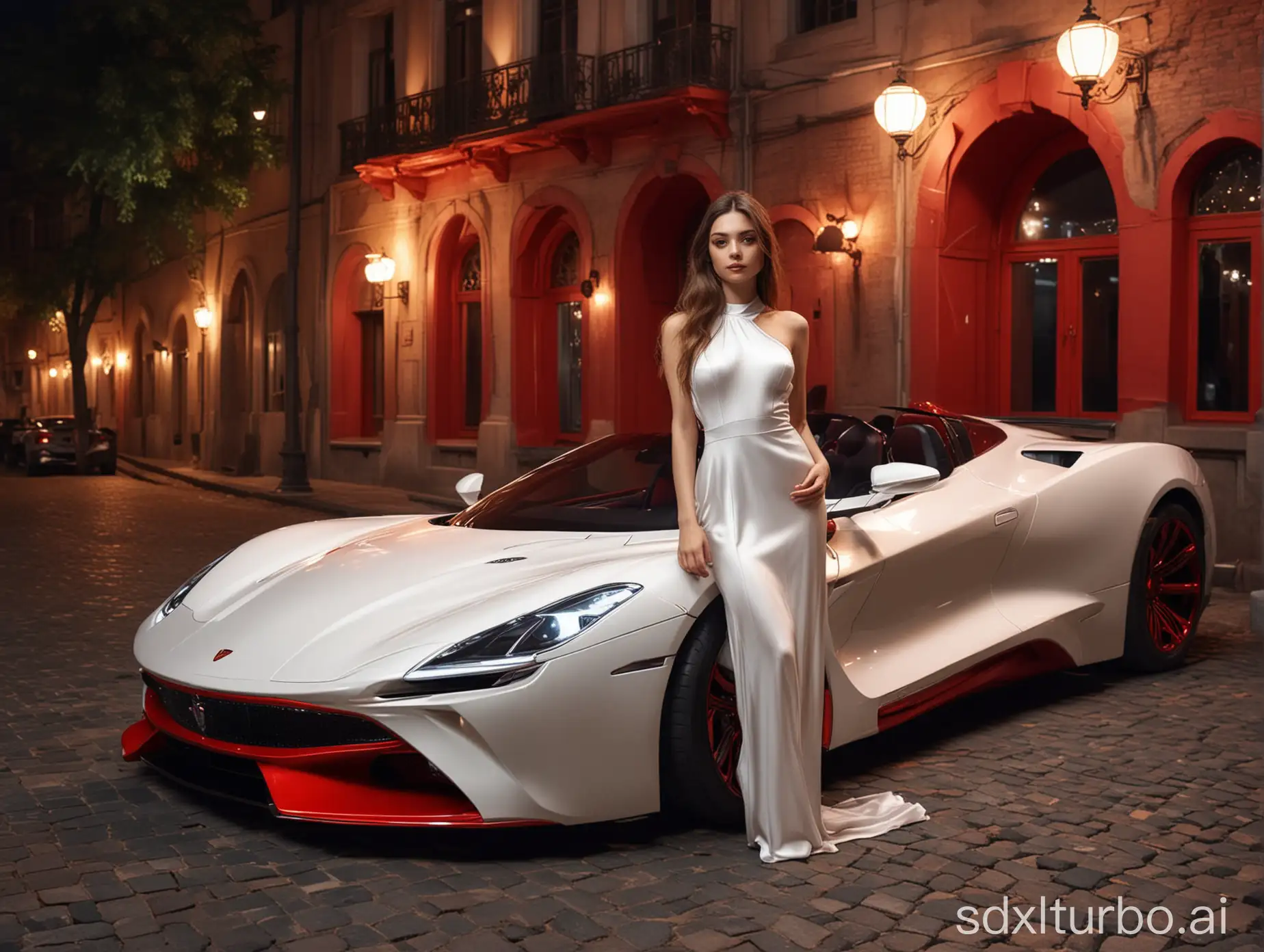 please draw a beautiful full-length fashion girl in a white  silk backless dress against the background of a red futuristic luxury sport car in the background of the night on old city embankment with lanterns